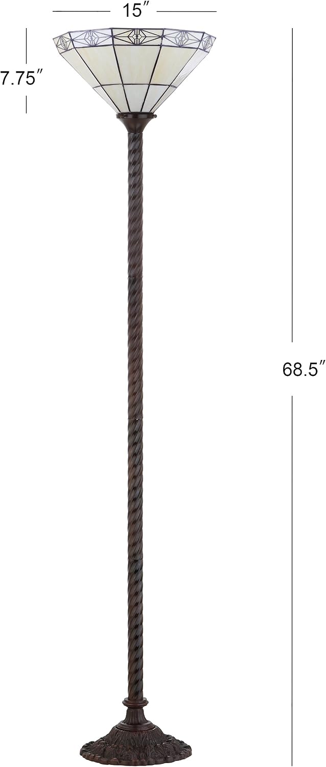 JONATHAN Y Moore Tiffany Style Torchiere Floor Lamp 68.57" Metal, Bronze | Handcrafted Multi-Color Stained Glass Bowl Shade