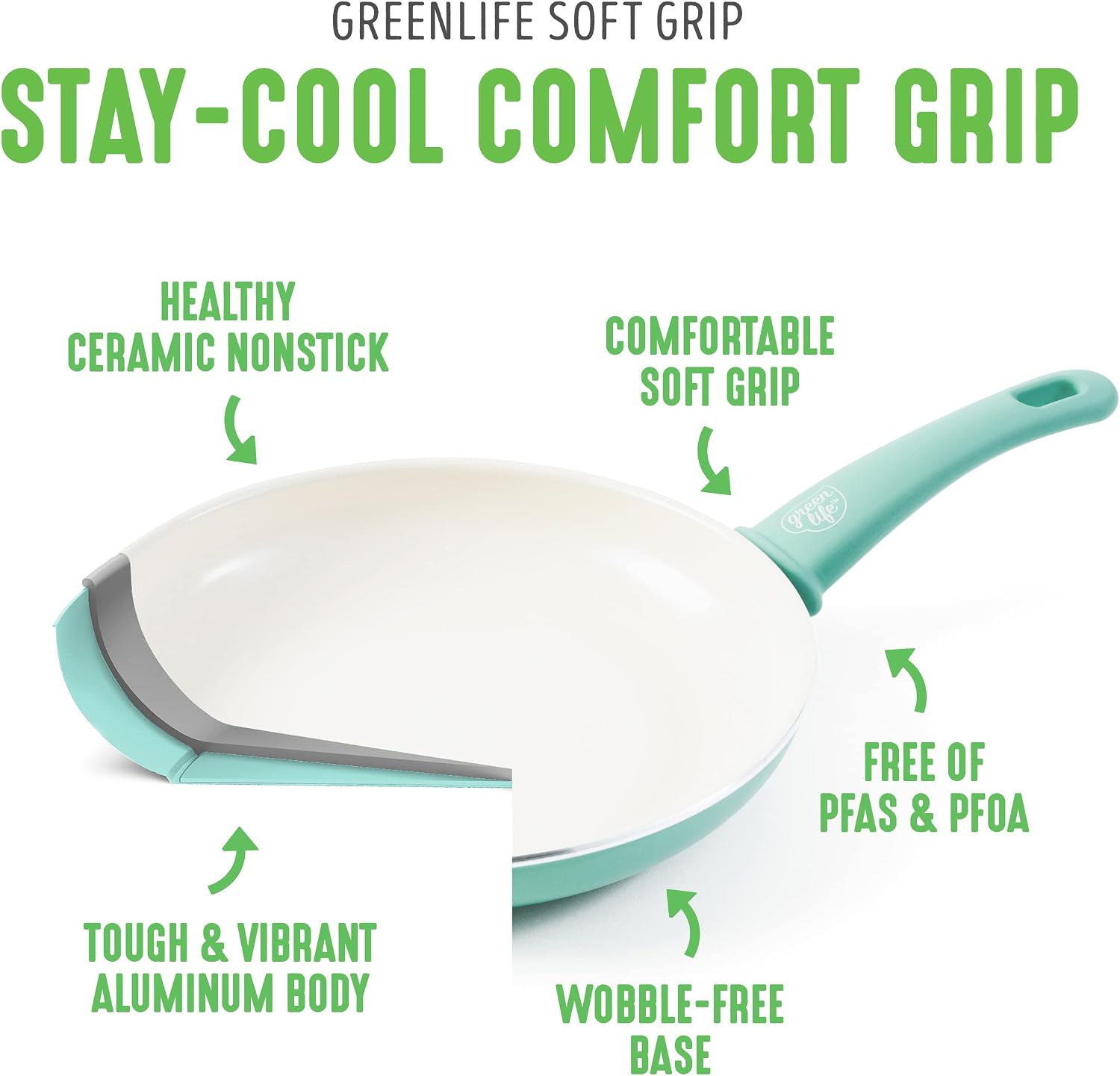 GreenLife Soft Grip Healthy Ceramic Nonstick, 15 Piece Cookware Pots and Pans Set, Induction, PFAS-Free, Dishwasher Safe, Turquoise