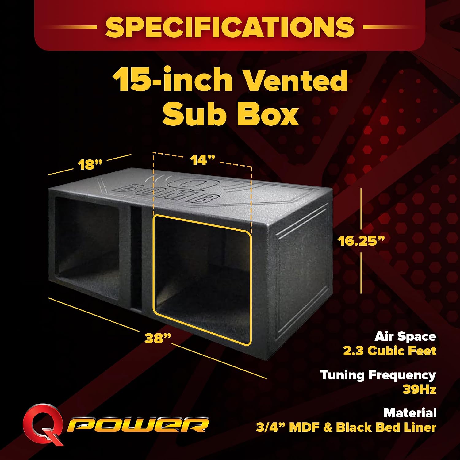 QPower QBOMB15VSQ QBOMB 15 Inch Center Vented Dual Ported Subwoofer Enclosure Speaker Box for Car Audio Sound Systems, Square