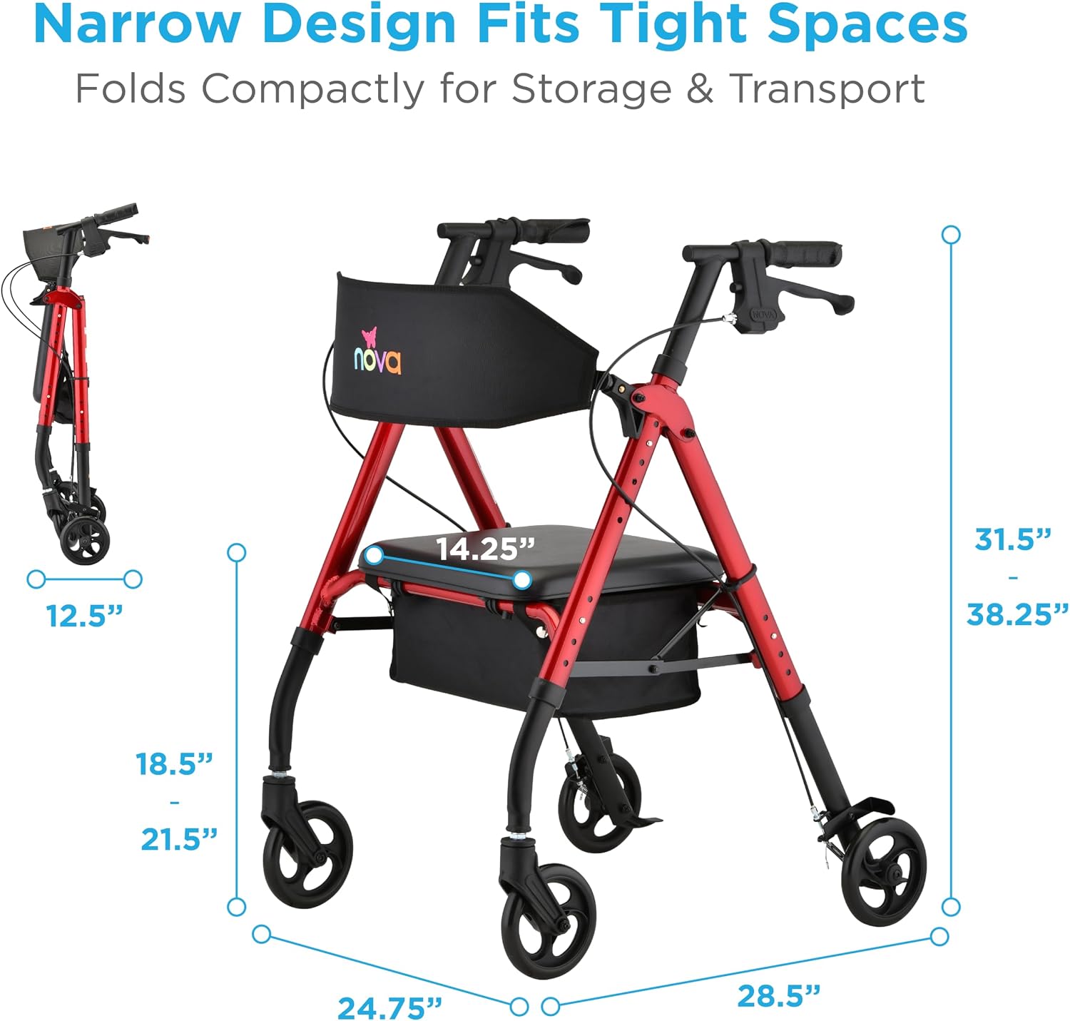 NOVA Star 6 Foldable Rollator Walker for Seniors, Wide Padded Backrest with Seat, 6” All-Terrain Wheels, Easy-Grip Locking Hand Brakes, Height Adjustable, Blue
