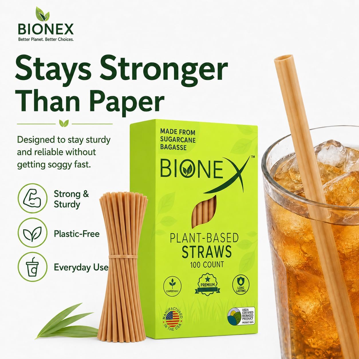 Bionex 8” Sugarcane Straws, 100 Count – Biodegradable & Compostable Disposable Drinking Straws, Made in USA