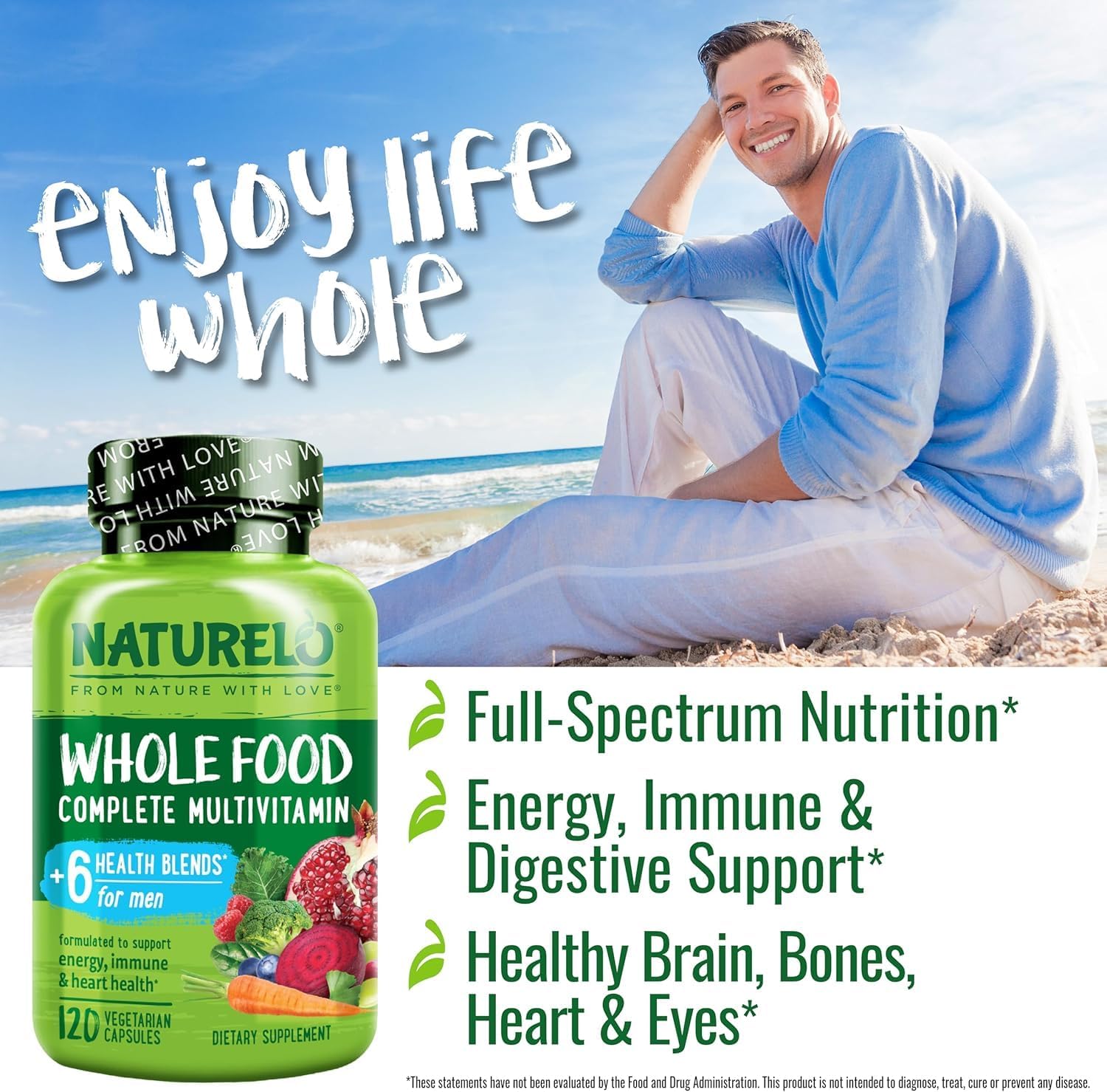 NATURELO Men's Multivitamins - Whole Food Multivitamin for Men, 120 Caps | Vitamins, minerals, vegetarian capsules, energy, brain, heart, eye health*