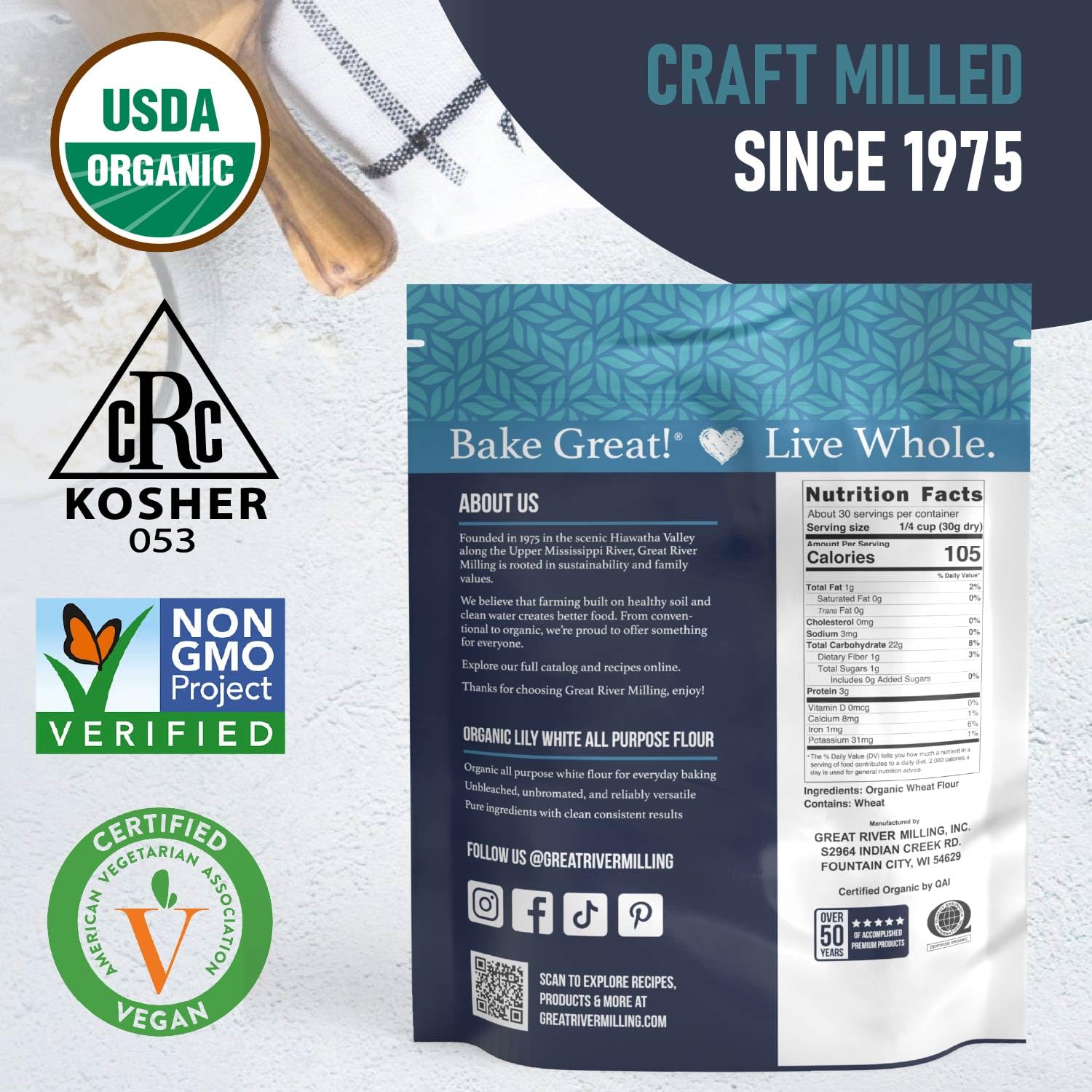 Great River Milling Organic Lily White All Purpose Flour, 25 lb | Organic Lily White All-Purpose Flour for cookies, cakes, muffins, biscuits, breads, pizza dough and pie crust; balanced