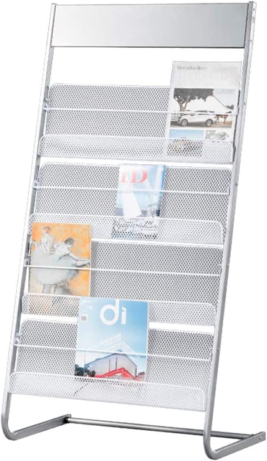GENMO Floor-Standing Magazine Rack, Carbon Iron Steel, Silver, 4 Large Shelves, Convenient Installation, Suitable for Reception Areas