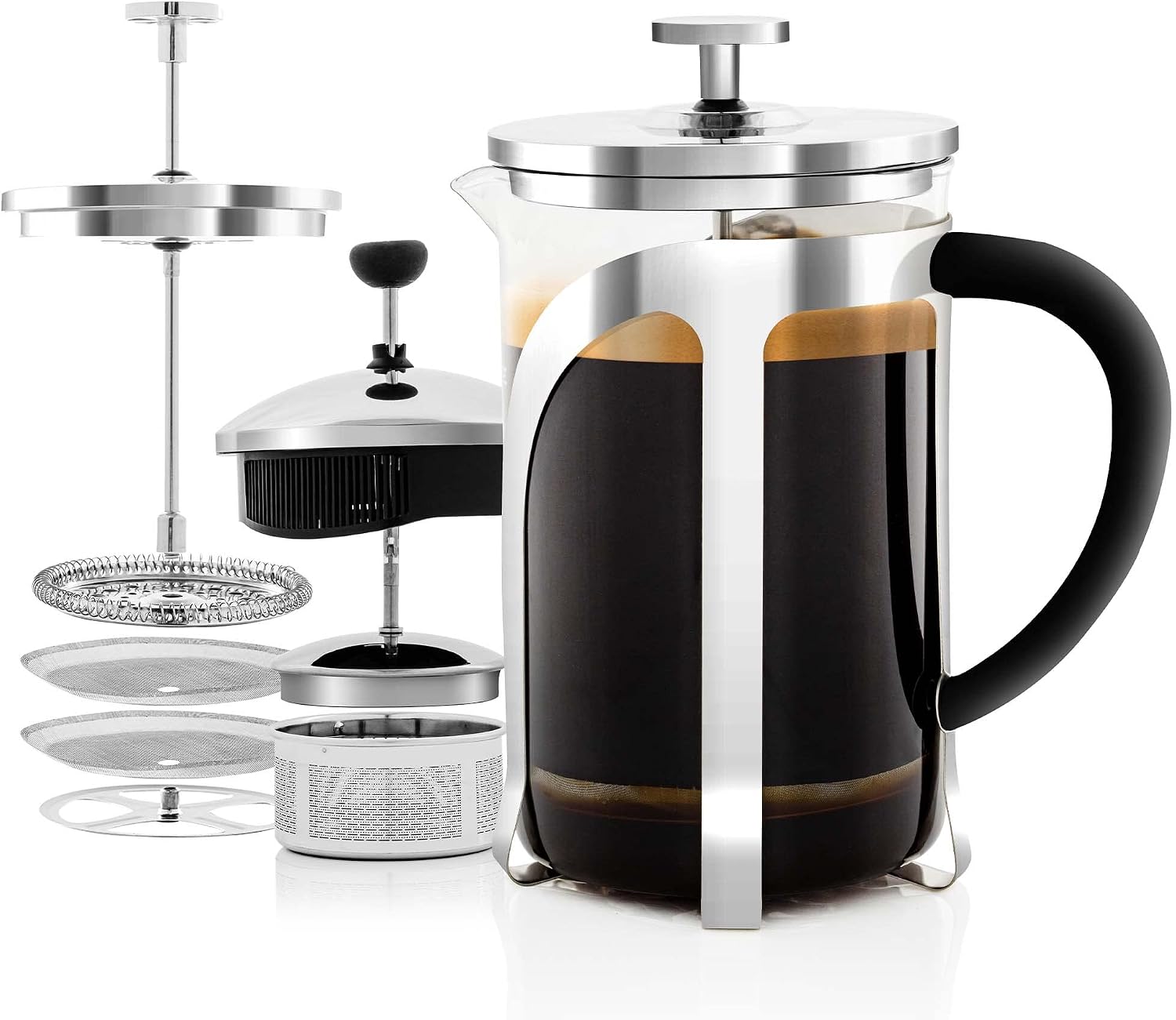 OVENTE French Press Coffee Maker, 34oz BPA-Free Cold Brewer, Clear FGC34T | Heat Resistant Borosilicate Glass, 4-Level Filter System, Stainless Steel Plunger, Cafetera Tea Pot for Kitchen Travel Gifts
