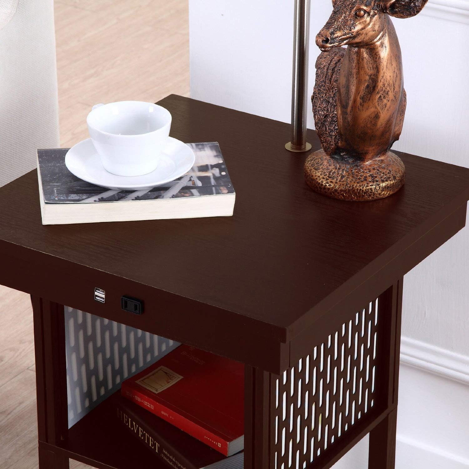 Brightech Madison Side Table with Lamp Combo with LED Bulb, Desk Lamp with USB Port, Bedside Reading Light, Modern End Table with Floor Lamp for Bedroom, Living Room, Office - Havana Brown
