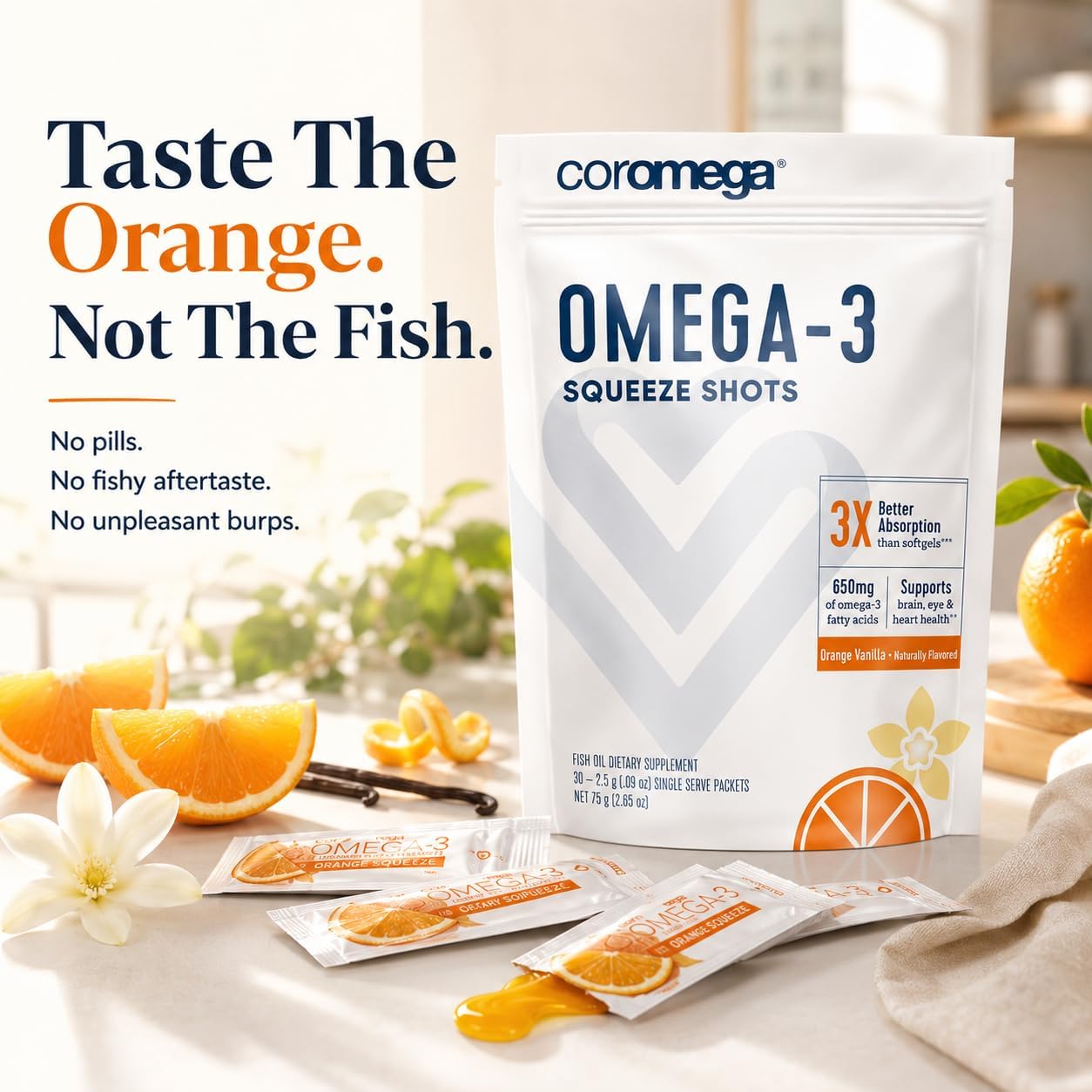 Coromega - Omega 3 Fish Oil Supplement - 30 Squeeze Packets - 650mg | Orange Flavor, 3X Better Absorption Than Softgels, Easy To Take, No Fishy Aftertaste, Convenient Daily Serving