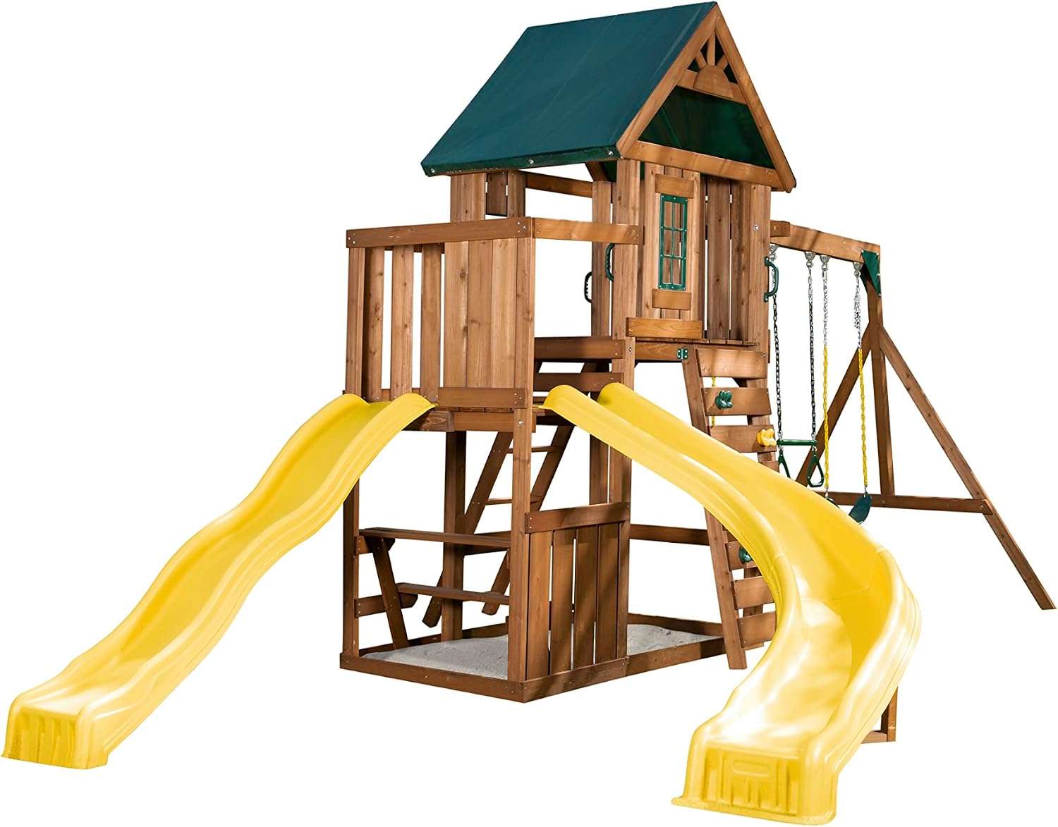 Swing-N-Slide WS 8355 Castlebrook Swing Set with Two Slides, Swings & Climbing Wall, Wood