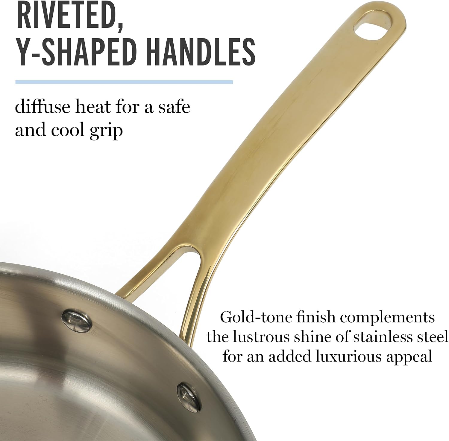 Martha Stewart Castelle 10 Piece 18/8 Durable Stainless Steel Induction Safe Pots and Pans Non-Toxic Kitchen Cookware Set - Gold Handles - Dishwasher Safe