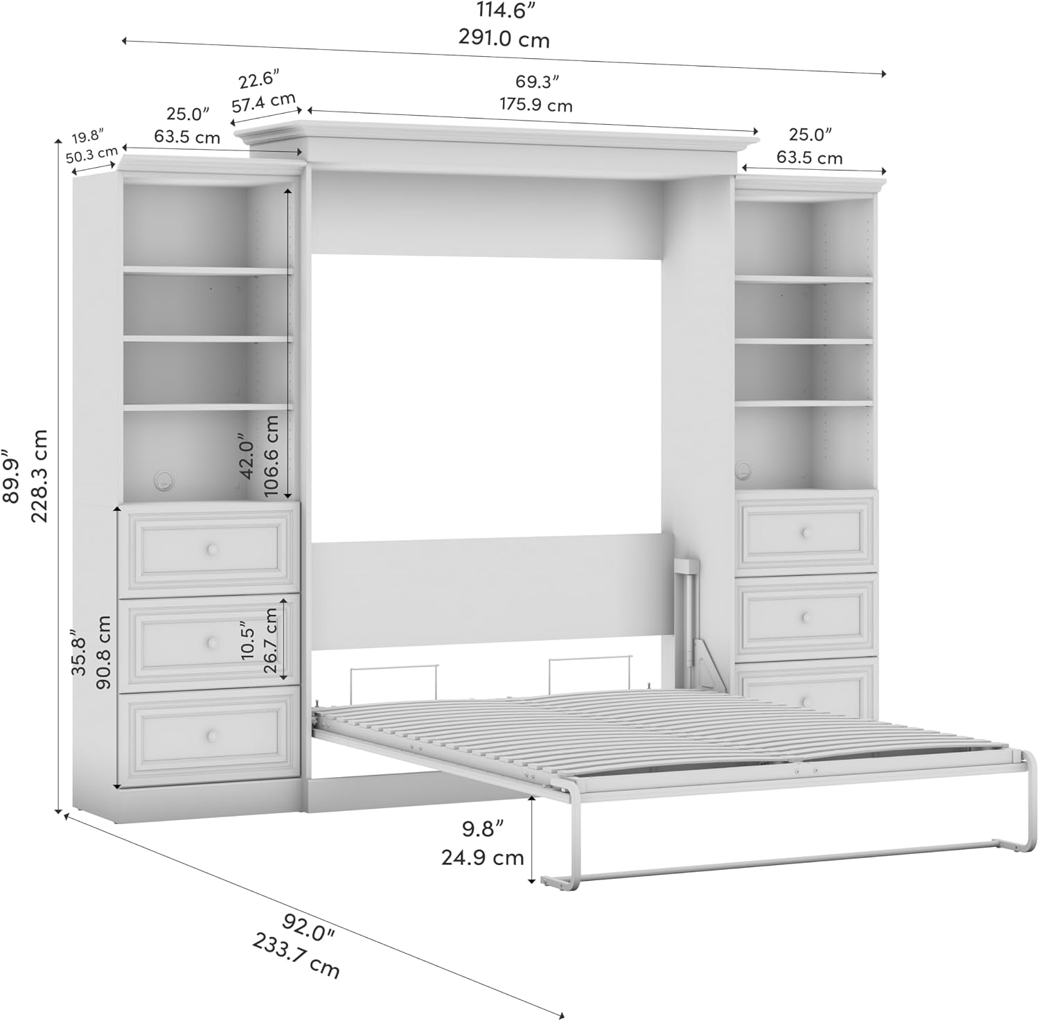 Bestar Versatile Queen Murphy Bed and 2 Closet Organizers with Drawers (115W) in White