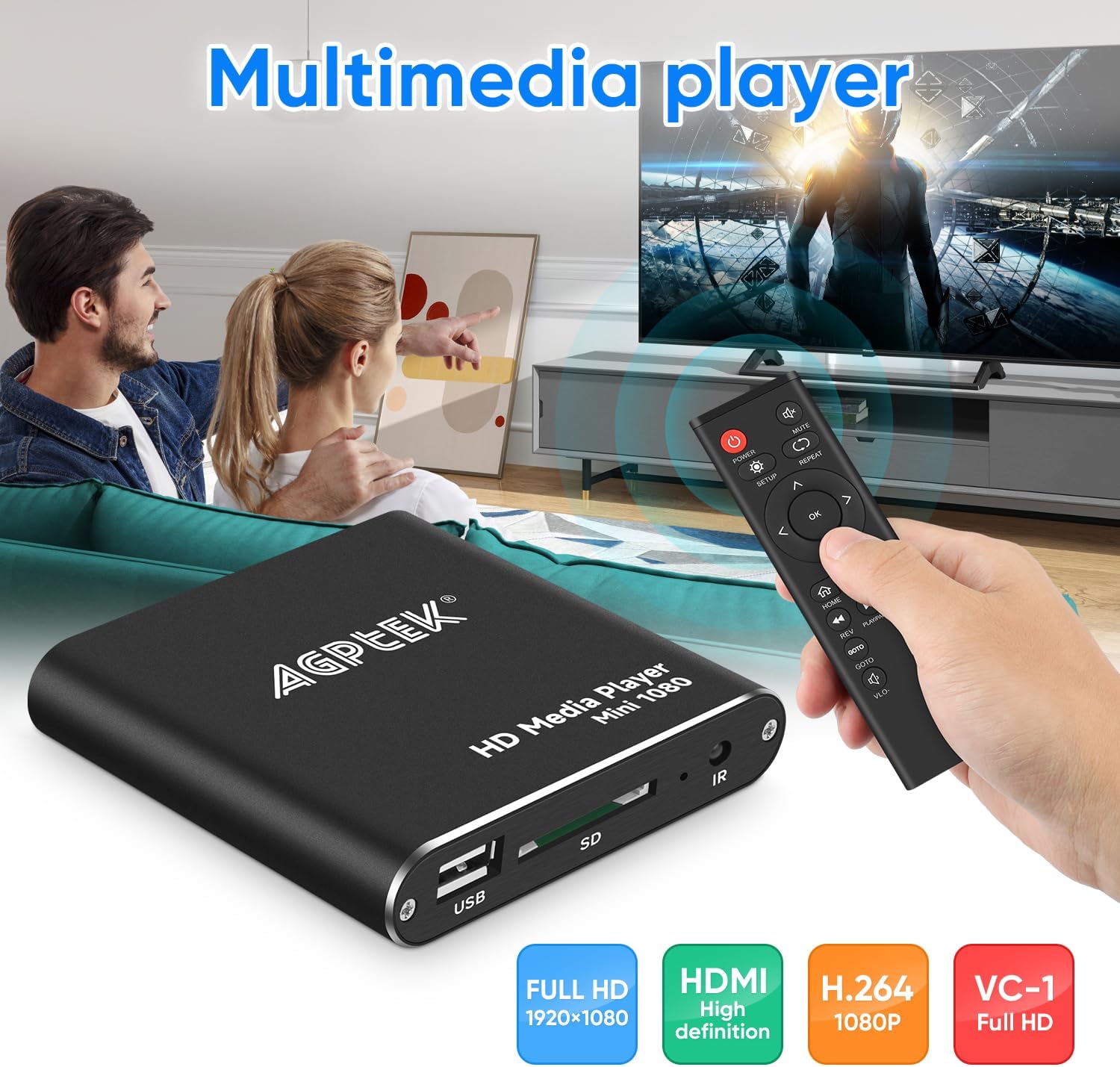 HDMI Media Player, Black Mini 1080p Full-HD Ultra HDMI Digital Media Player | for -MKV/RM- HDD USB Drives and SD Cards