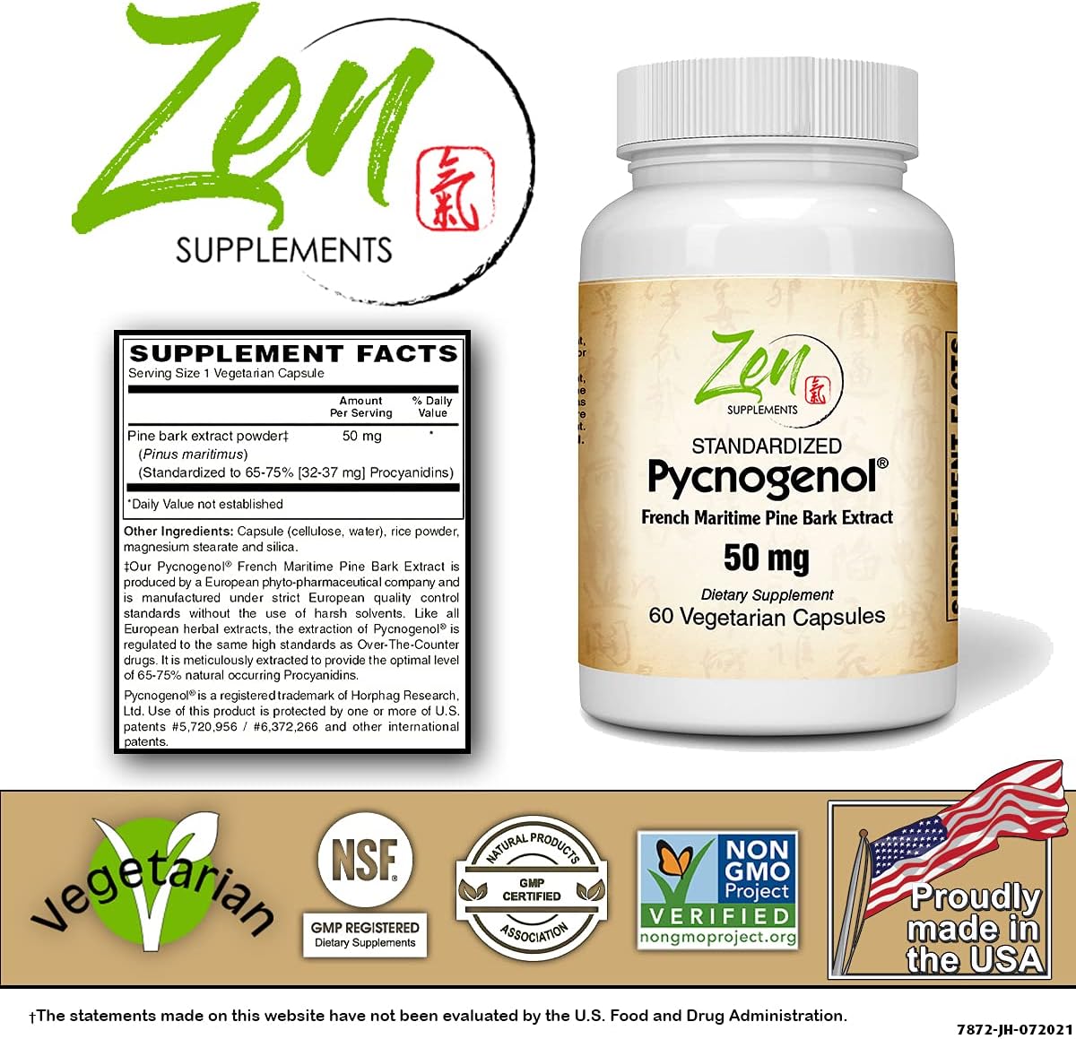 Pycnogenol 50mg - Standardized French Maritime Pine Bark Extract for Antioxidant & Inflammation Support - Non-GMO, Gluten & Soy Free 60-Vegcaps