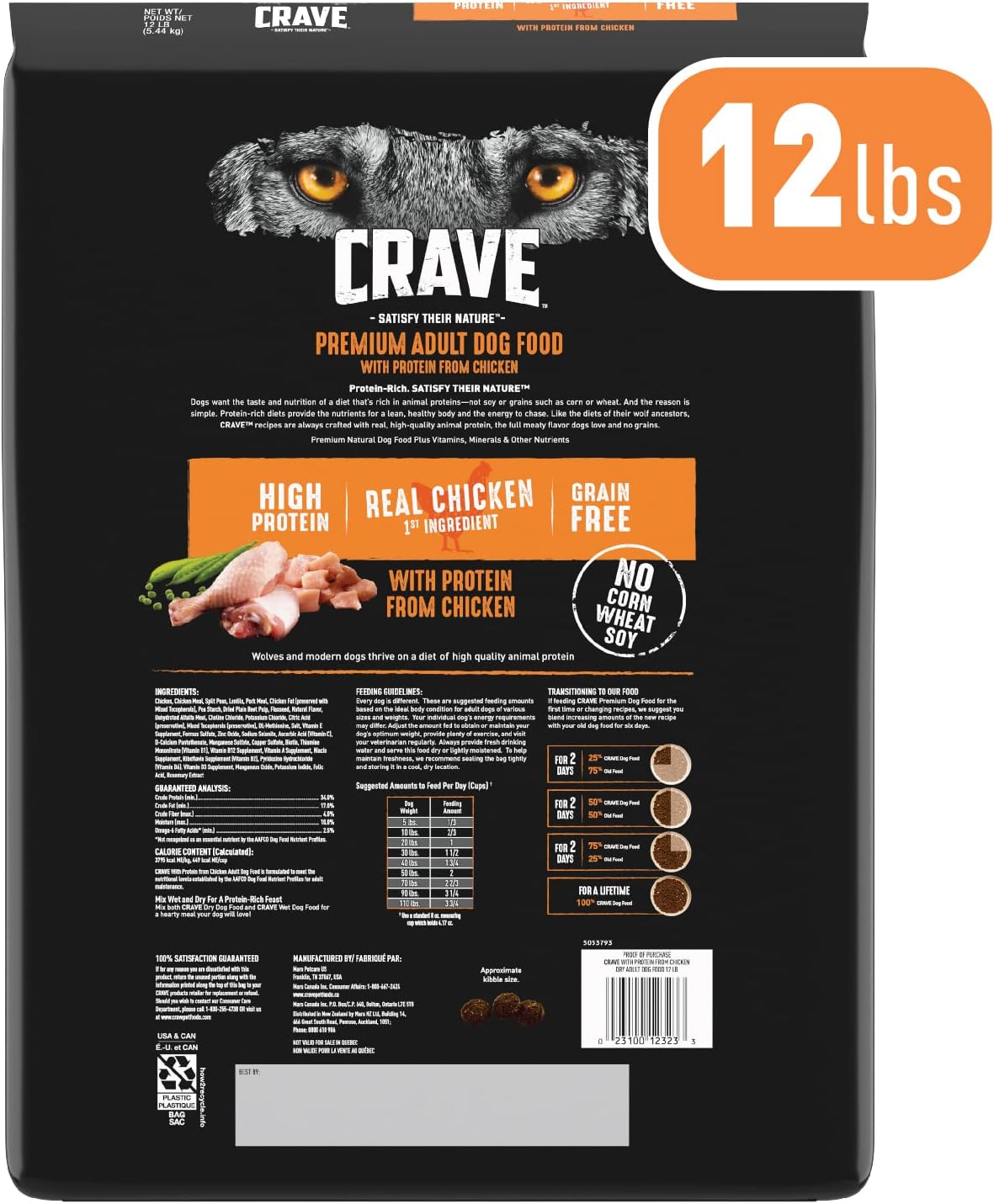 CRAVE Grain Free High Protein Natural Adult Dry Dog Food, Chicken, 4 lb | 34% protein, real animal protein, no by-product meal, no corn, wheat, soy, no artificial flavors, energy support