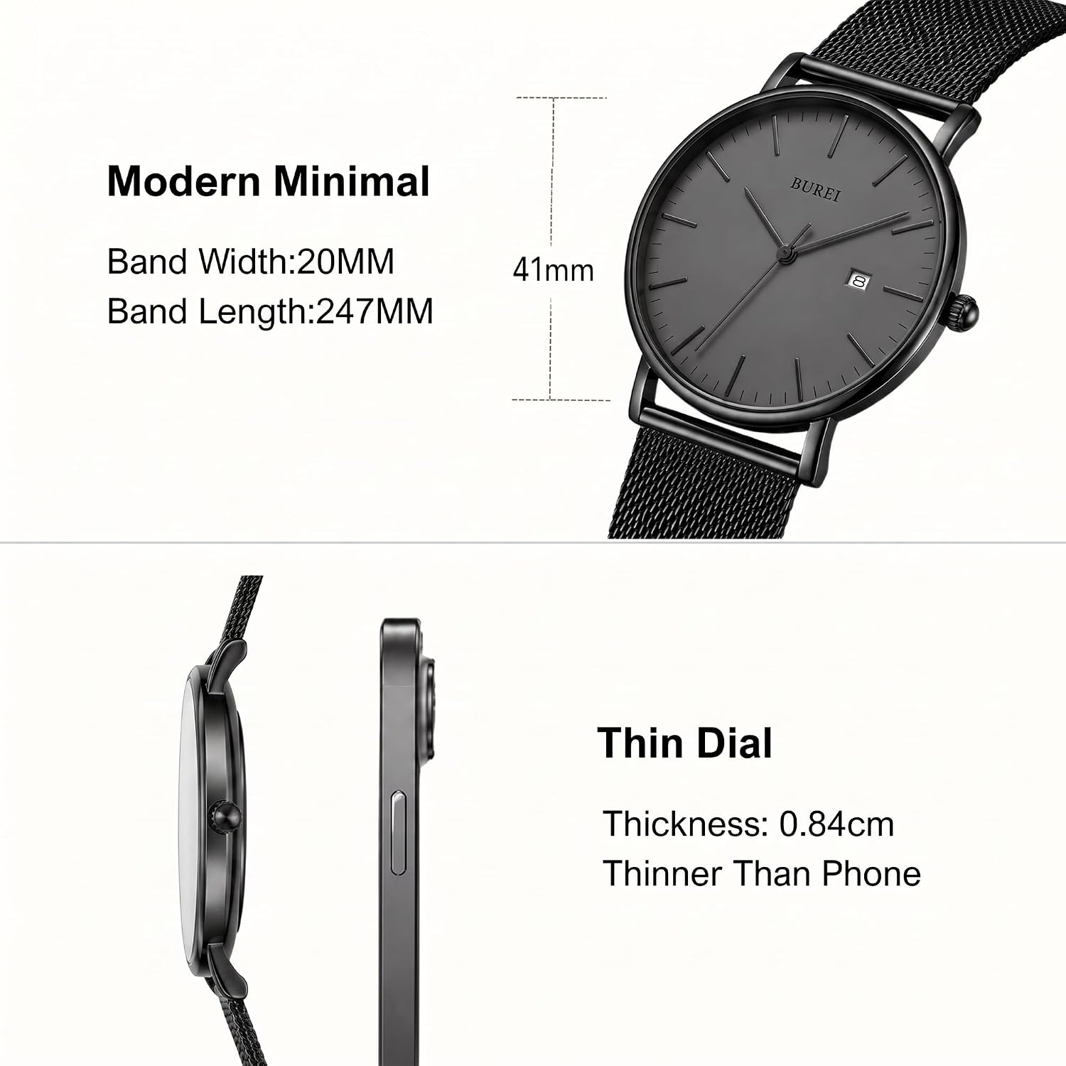 BUREI Men Wrist Watches Fashion Minimalist Thin Analog Quartz Waterproof Watches for Men, Refined Gifts for Men, Boyfriend, Husband, Dad
