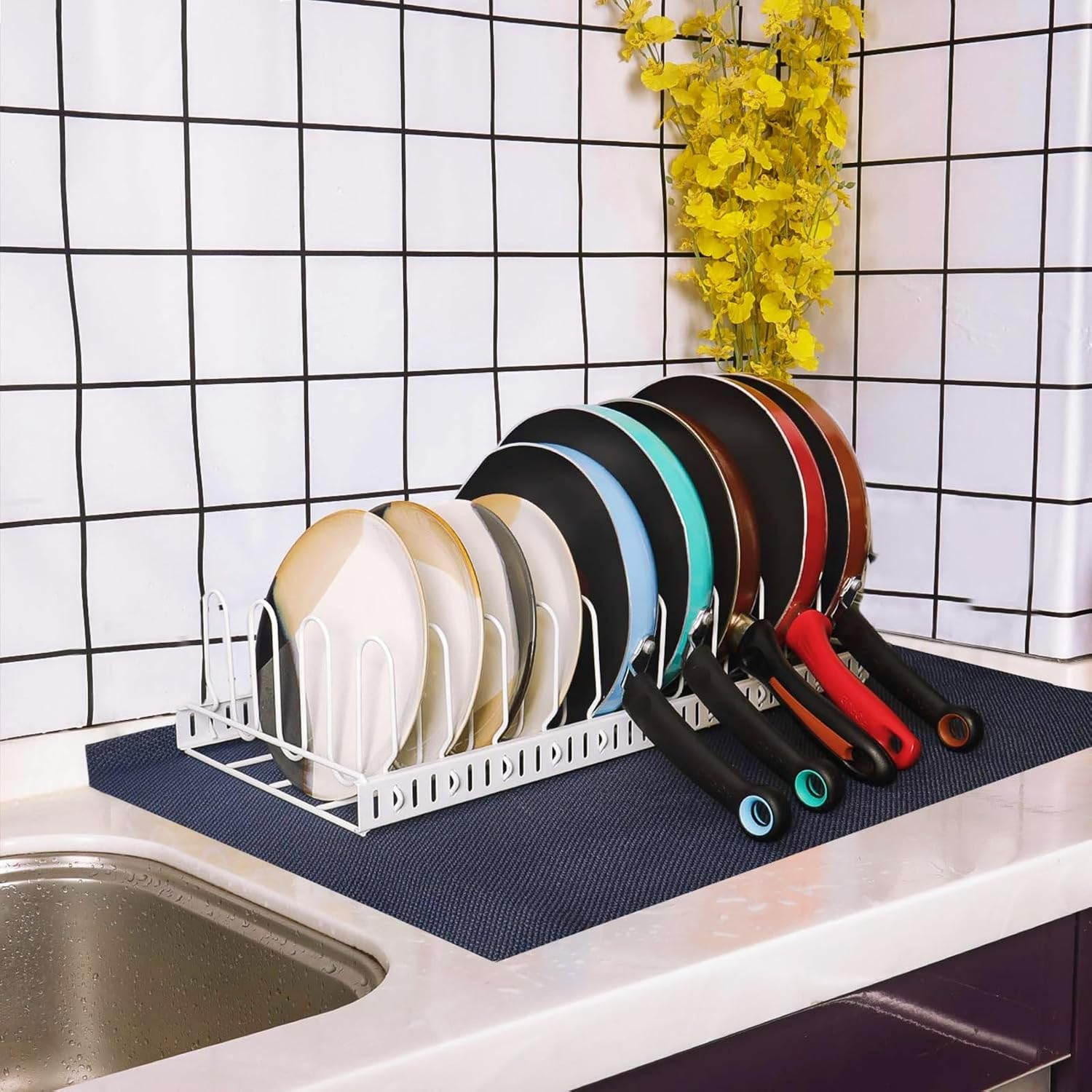 X-cosrack Expandable Food Container Lid Organizer, Large Capacity Adjustable 10 Dividers Detachable Lid Organizer Rack for Cabinets, Cupboards