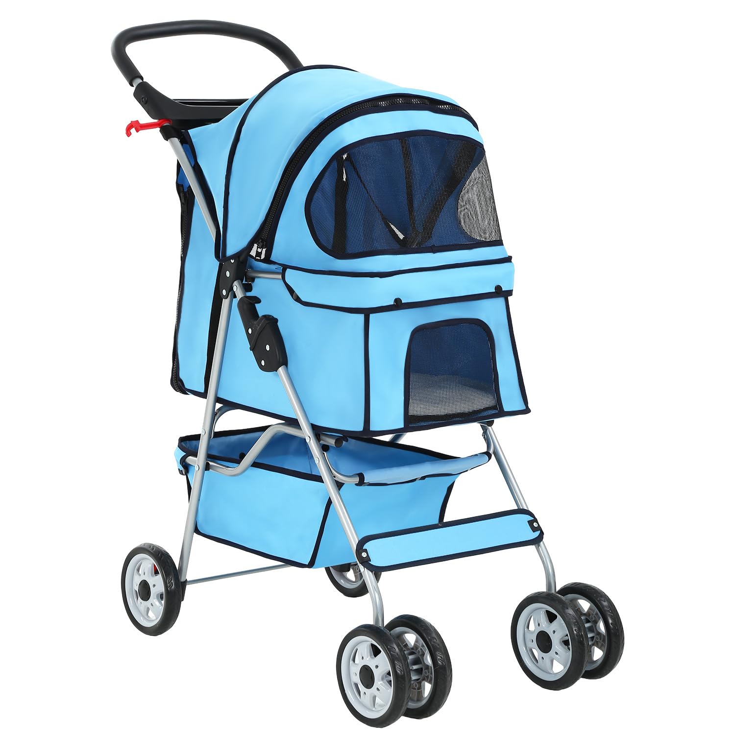 BestPet | 4-Wheel Foldable Pet Stroller | Black | Lightweight & Portable | Travel Carrier with Mesh Windows, Storage Basket, Cup Holder, Safety Brakes, and Waterproof Fabric | For Small Dogs and Cats