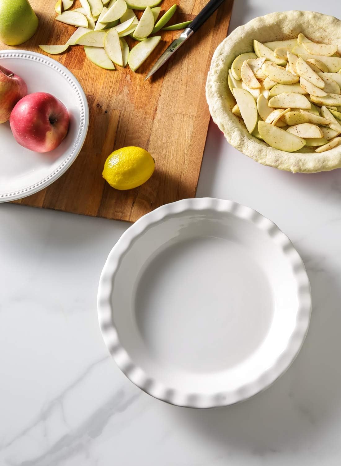 LE TAUCI Ceramic Pie Pans Plate for Baking, 9 inch Deep Dish Baking Dish, 52 ounce Bakeware for Apple Pecan Pie, Set of 2, White
