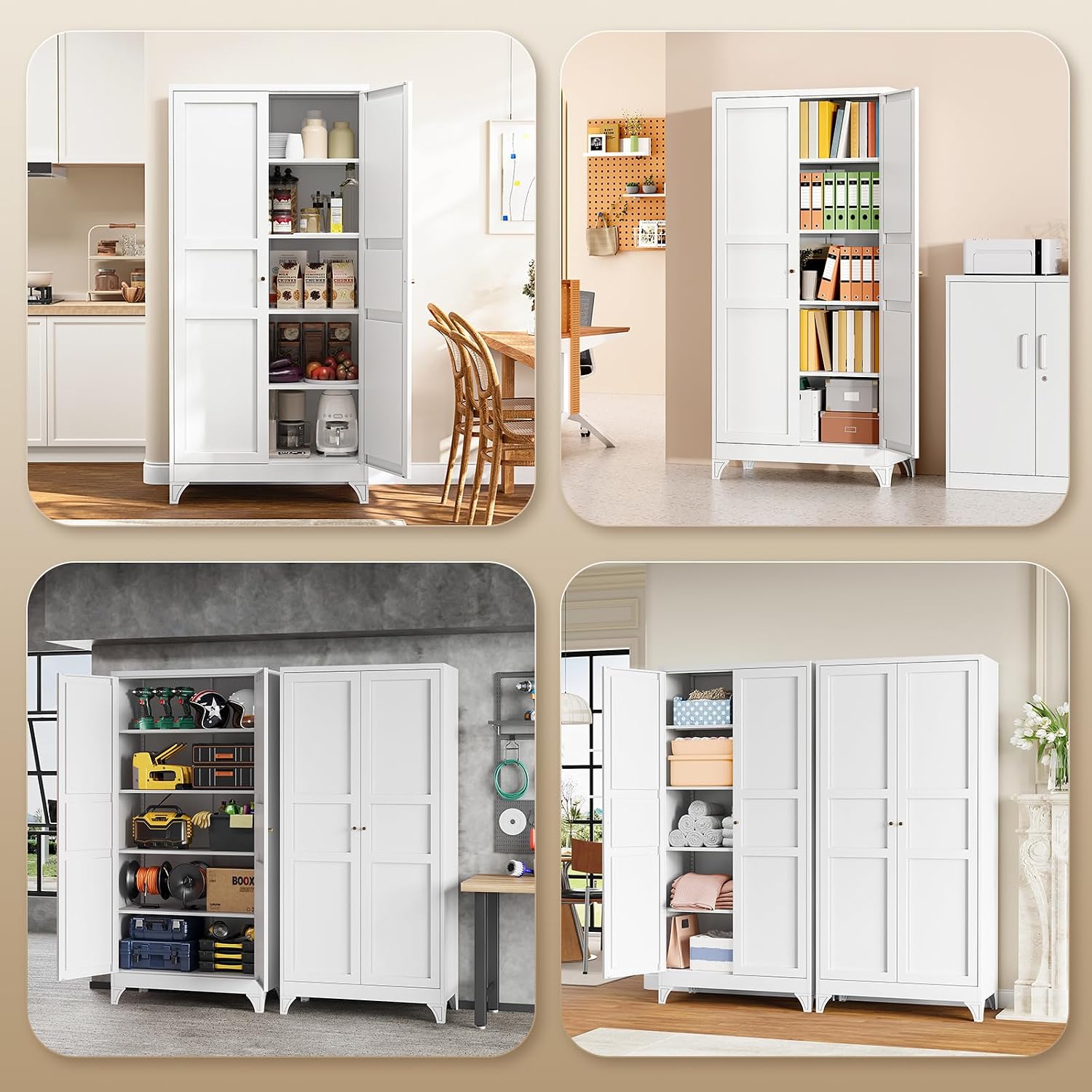 Metal Storage Cabinet with 2 Doors and 4 Adjustable Shelves - 61" White Kitchen Pantry Storage 5-Tier Tall Steel Cabinets Locker for Kitchen, Living Room, Dining Room