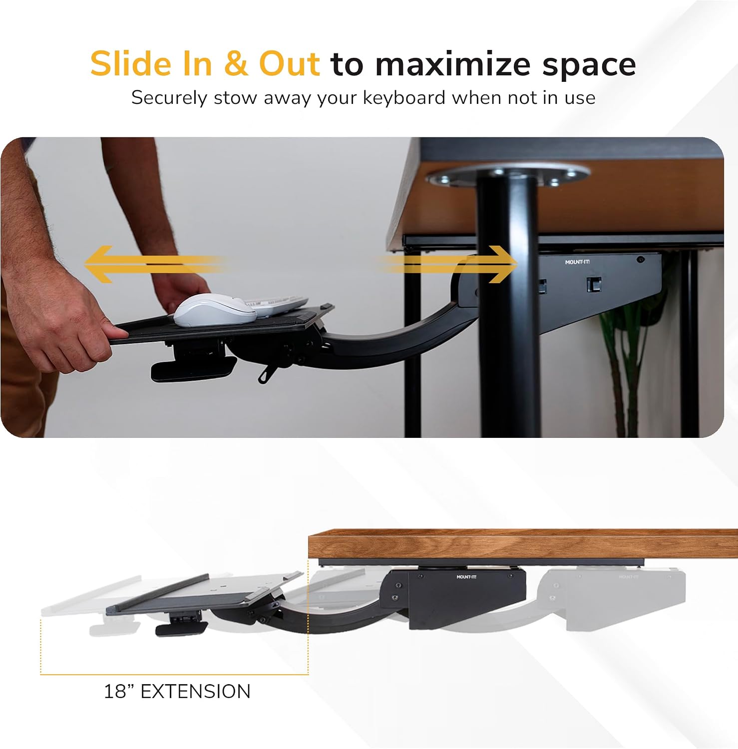 Mount-It! Under Desk Keyboard Tray, Adjustable Slide-Out Keyboard & Mouse Platform, 26.5" W × 10" D, Ergonomic Wrist Rest, Height Tilt & Swivel