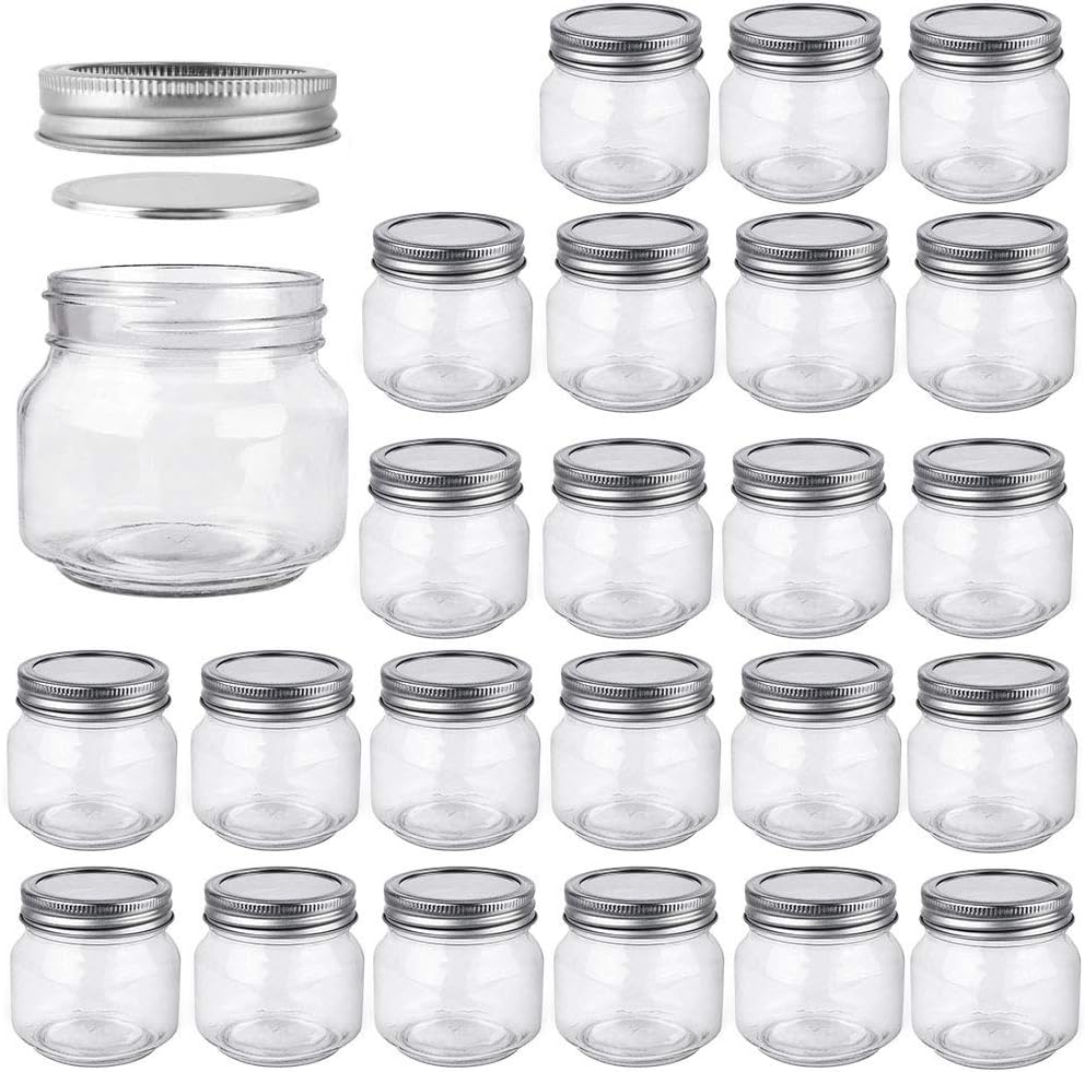 Betrome 24 Pack 4 oz Glass Mason Jars, Canning Jars with Regular Lids | 120ml Glass Storage Containers for Overnight Oats, Jam, Jelly,Honey, Beans, Spice, Wedding Party Favors, Shower Favors