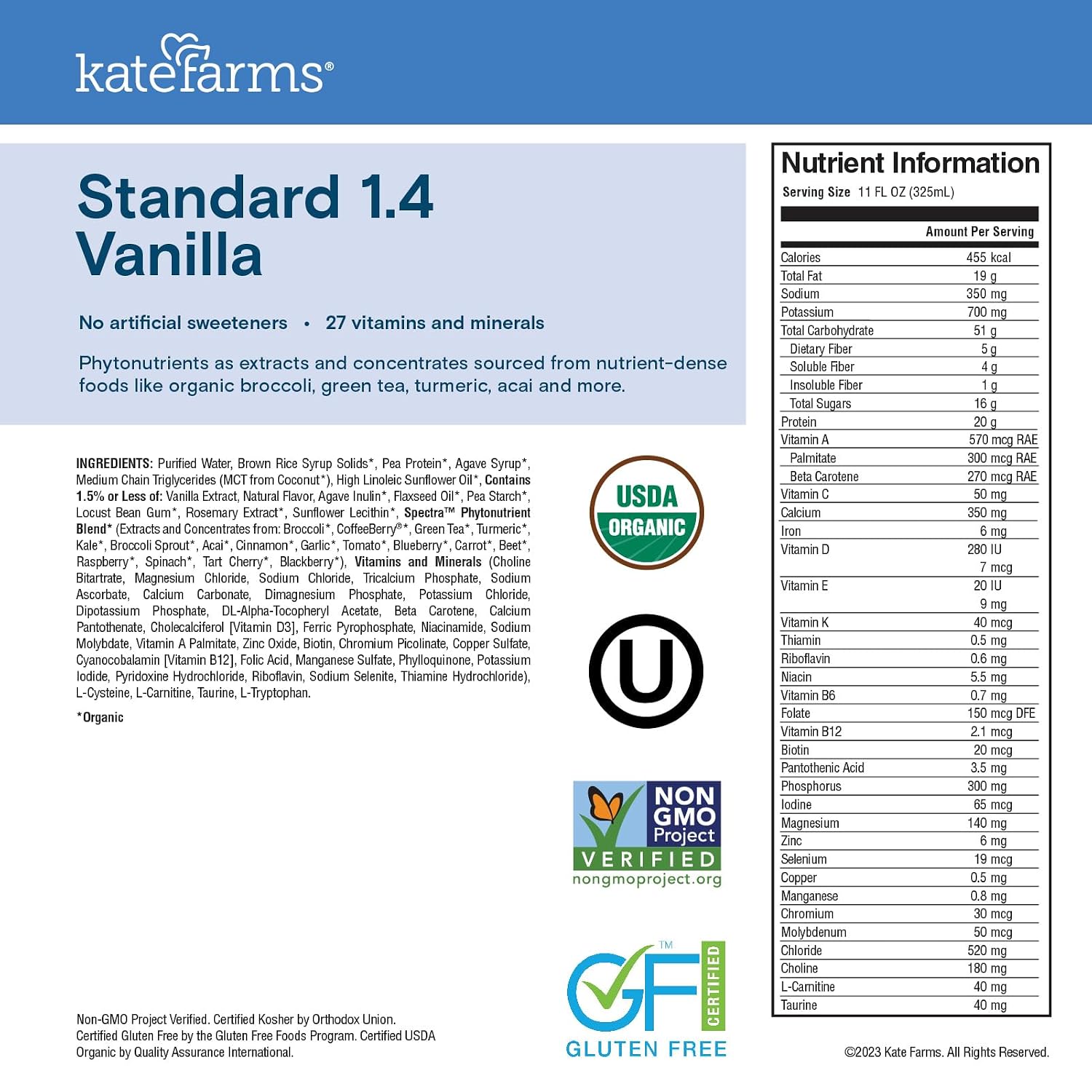 KATE FARMS Organic 1.4 High Calorie Shake, Plain, 20g Protein, 12 Pack