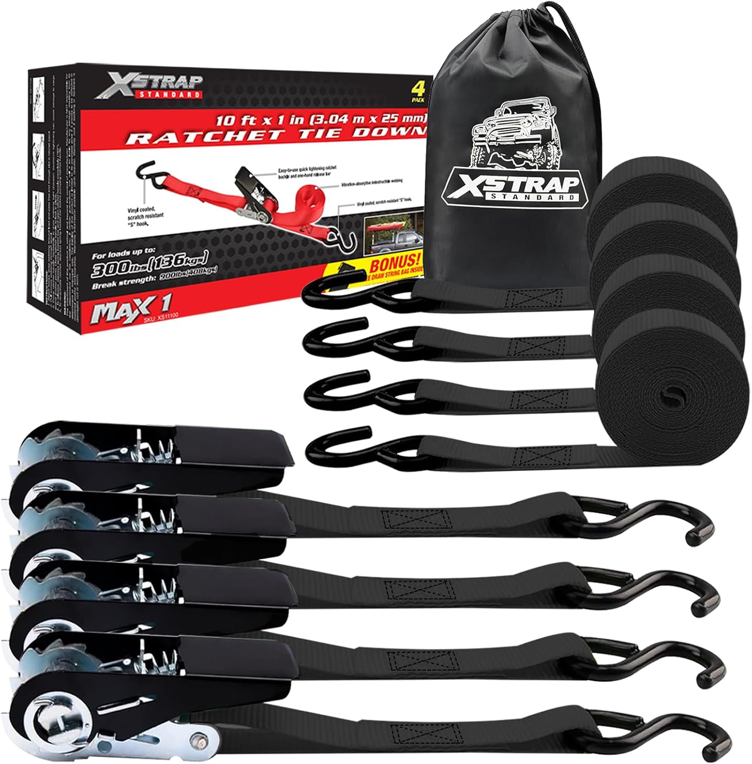 XSTRAP STANDARD 8-PK Ratchet Tie Down Straps, 1" x 10ft Cargo Strap, Yellow