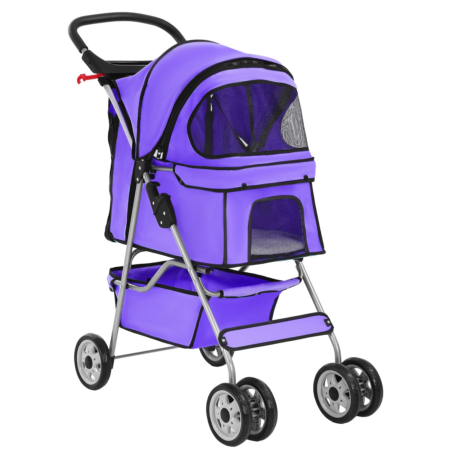 BestPet | 4-Wheel Foldable Pet Stroller | Black | Lightweight & Portable | Travel Carrier with Mesh Windows, Storage Basket, Cup Holder, Safety Brakes, and Waterproof Fabric | For Small Dogs and Cats