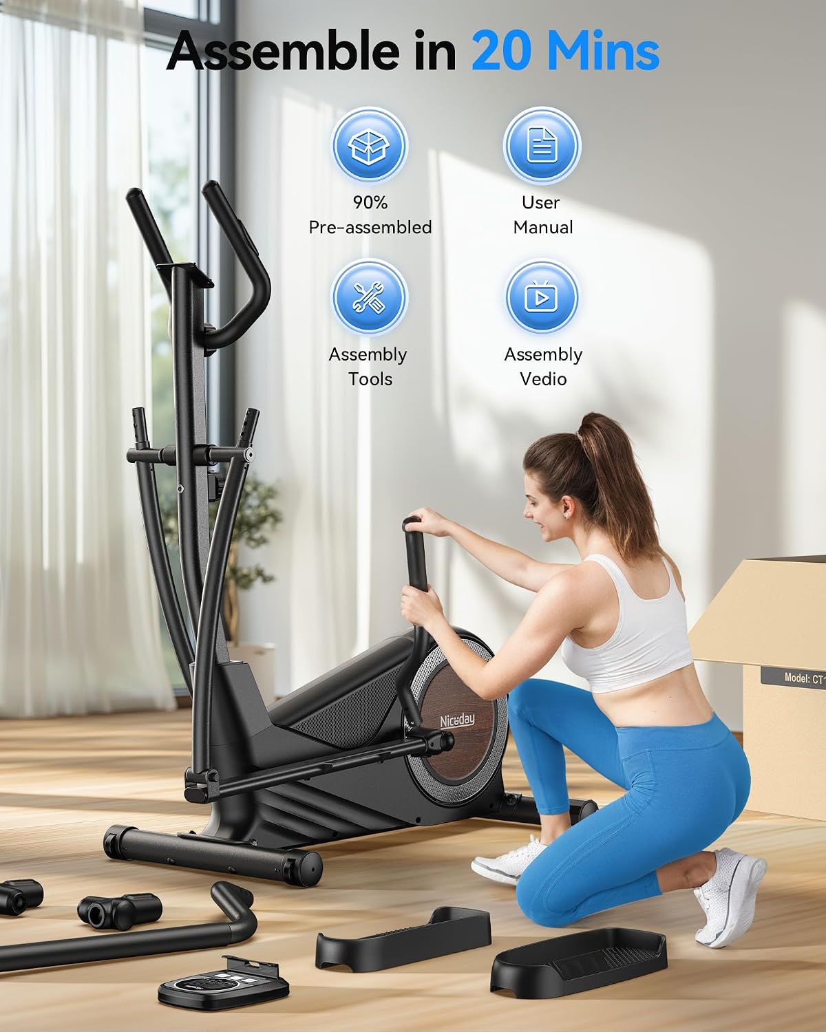 Niceday Elliptical Exercise Machine with 15.5/18/19IN Long Stride | Compact Elliptical Machine for Home Use, 16 Resistance Levels; 400LBS Stable Loading Capacity; Kinomap APP Support
