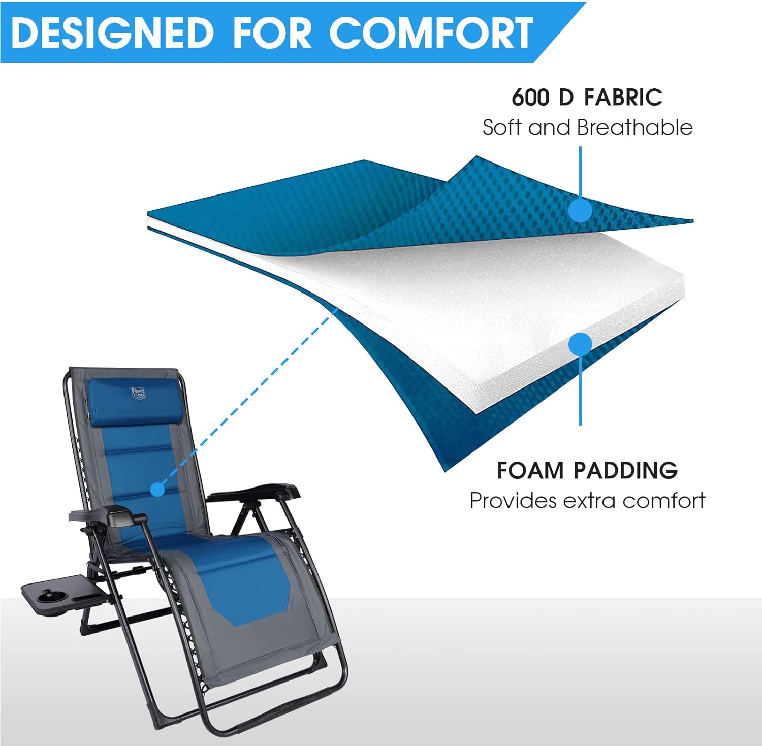 TIMBER RIDGE Zero Gravity polyester Chair Oversized Recliner 350lbs Capacity Patio Lounge Chair Padded Lawn Chair with Headrest XXL for Outdoor