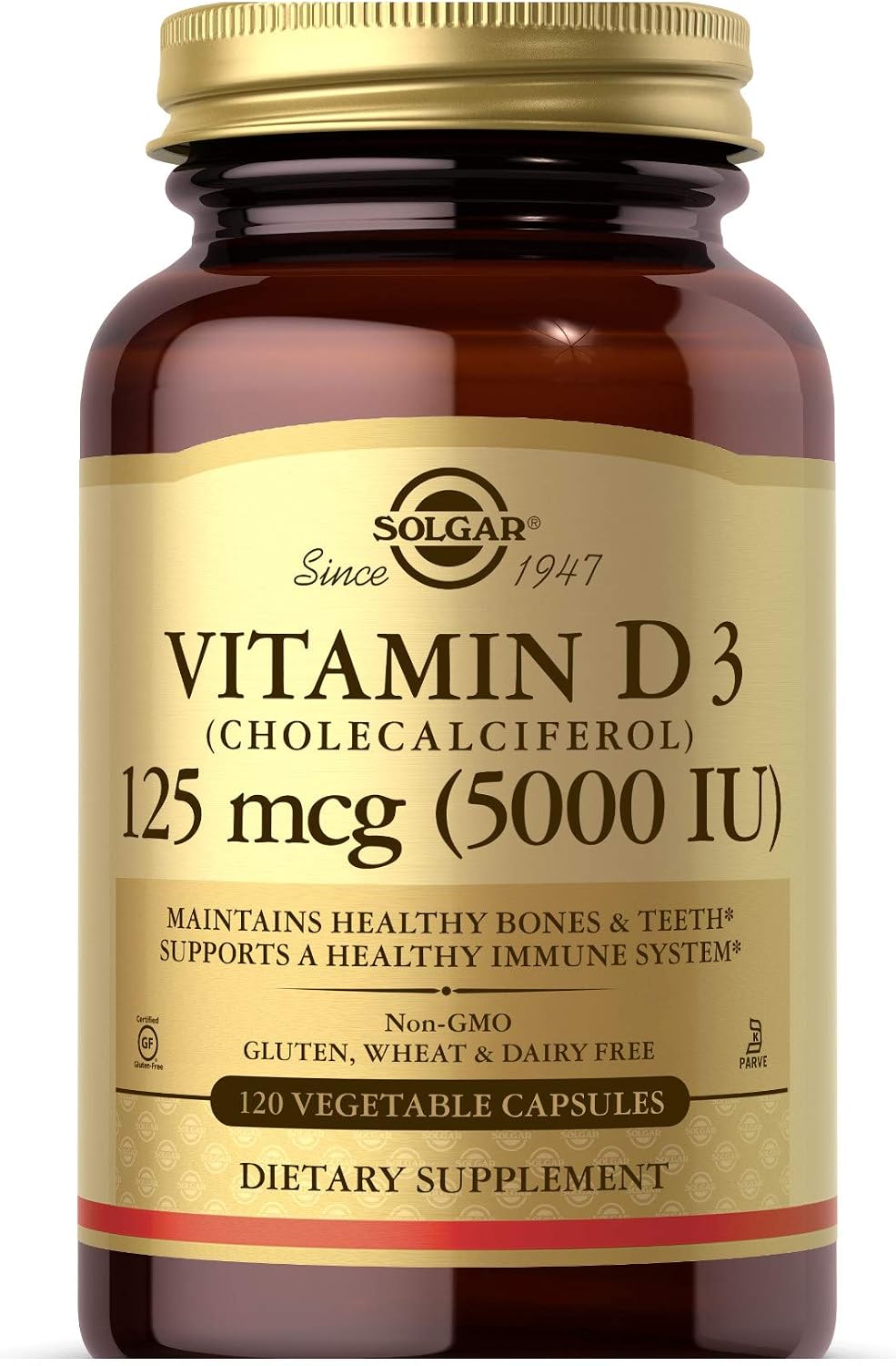 Solgar Vitamin D3 (Cholecalciferol) 125 Mcg (5000 IU), 120 Vegetable Capsules - Helps Maintain Healthy Bones & Teeth - Immune System Support - Non-GMO, Gluten Free, Dairy Free, Kosher - 120 Servings | Helps Maintain Healthy Bones & Teeth, Immune System S…