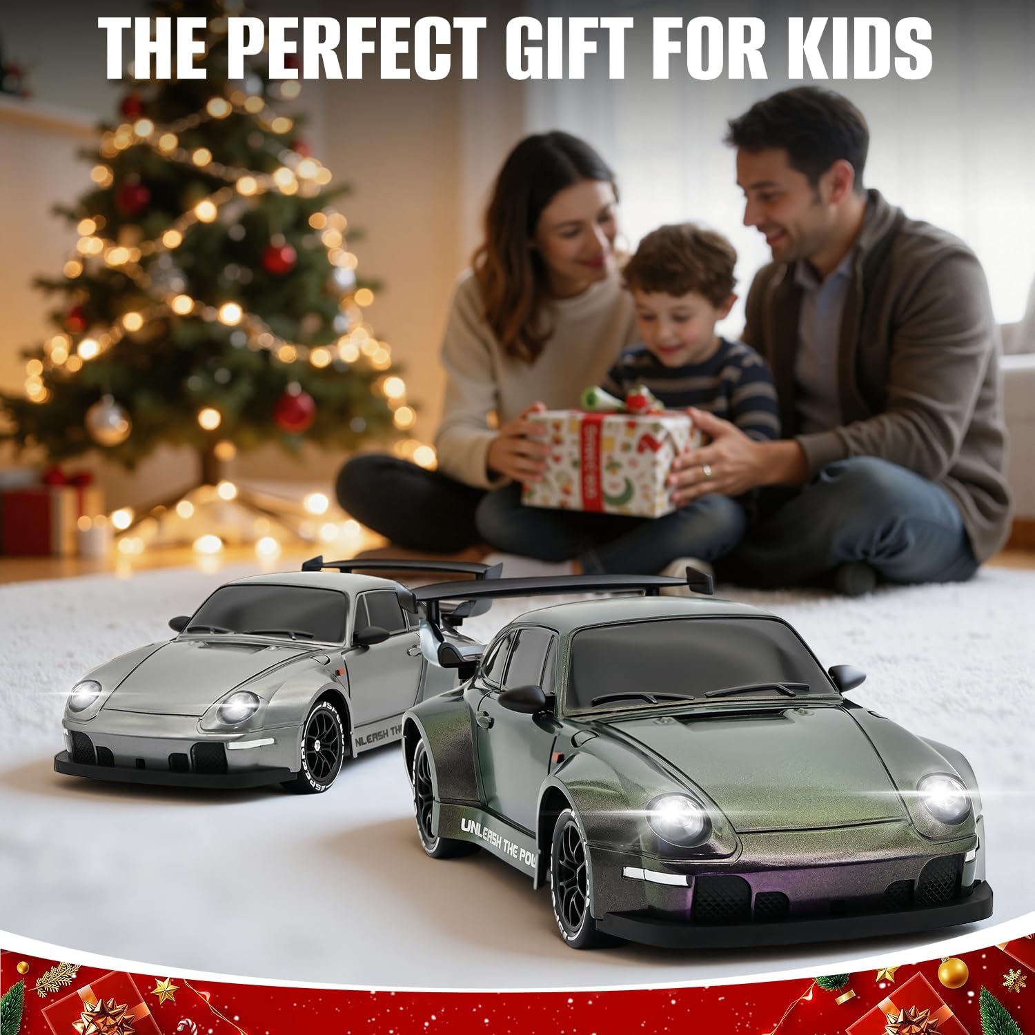 RC Drift Car,1:24 Scale Remote Control Car, 2.4GHz 20KM/H 4WD High Speed RC Cars for Kids with LED Light, Two Batteries,Drifting Tires,Racing Vehicle Toy for Adults Boys Girls Gray