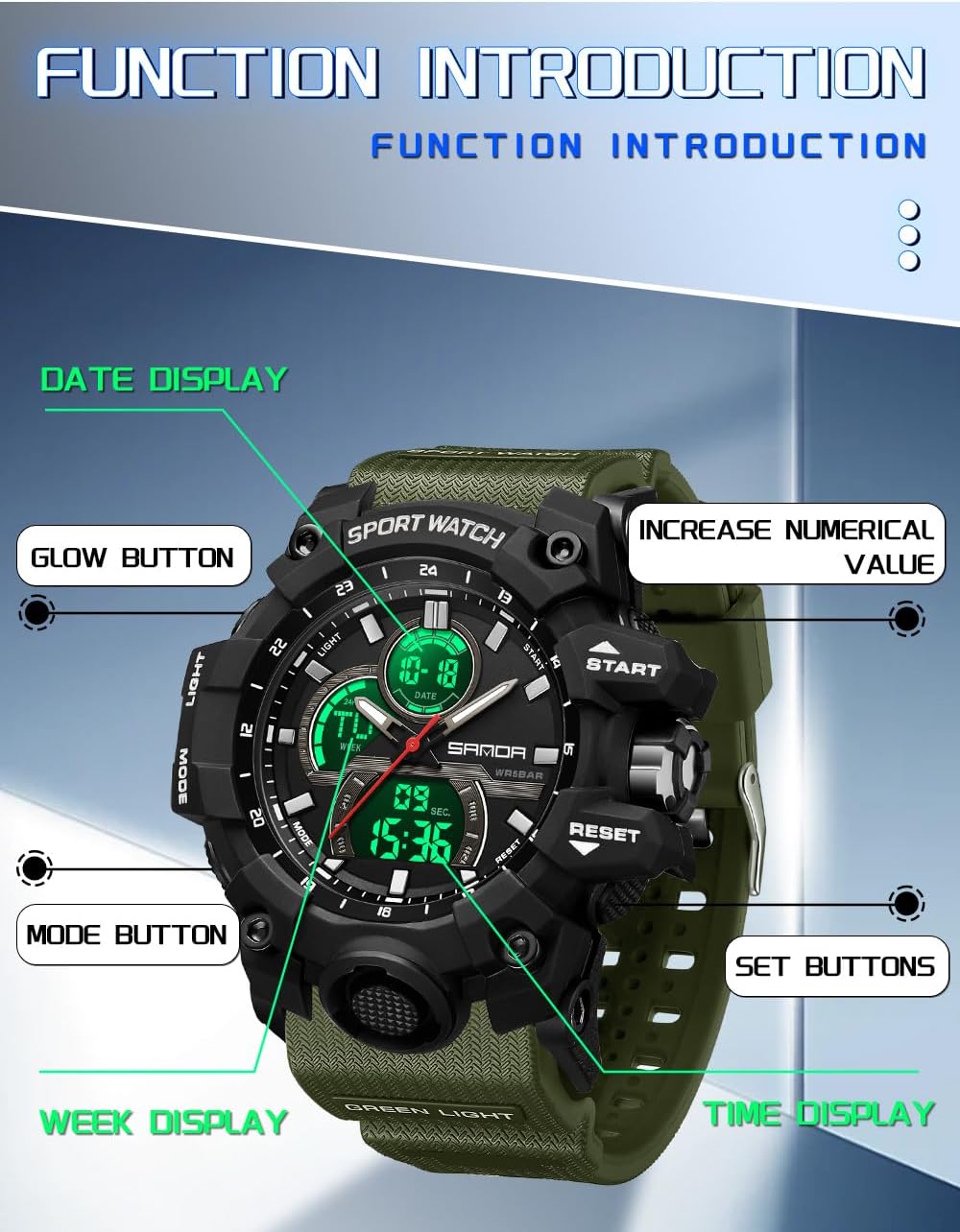 FANMIS Men Sports Outdoor Watch Analog Digital Multifunctional Black Watch | Black Sports Watch Casual Quartz Wristwatch Waterproof Military Wrist Watch Tactics LED Alarm Stopwatch Digital Watch for Men