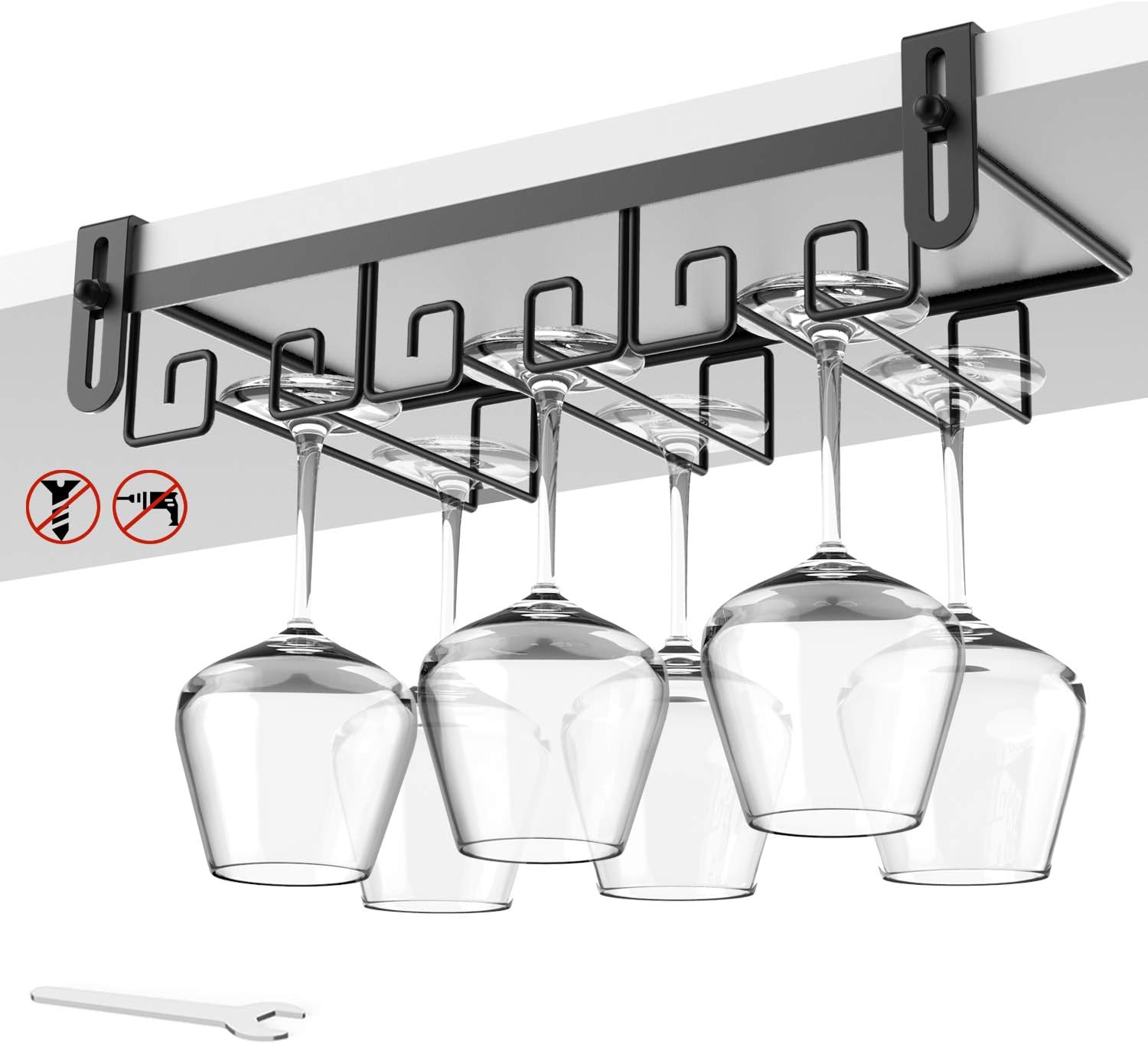Under Shelf Wine Glass Holder - Black, Stemware Rack for Cabinet, Holds Multiple Glasses