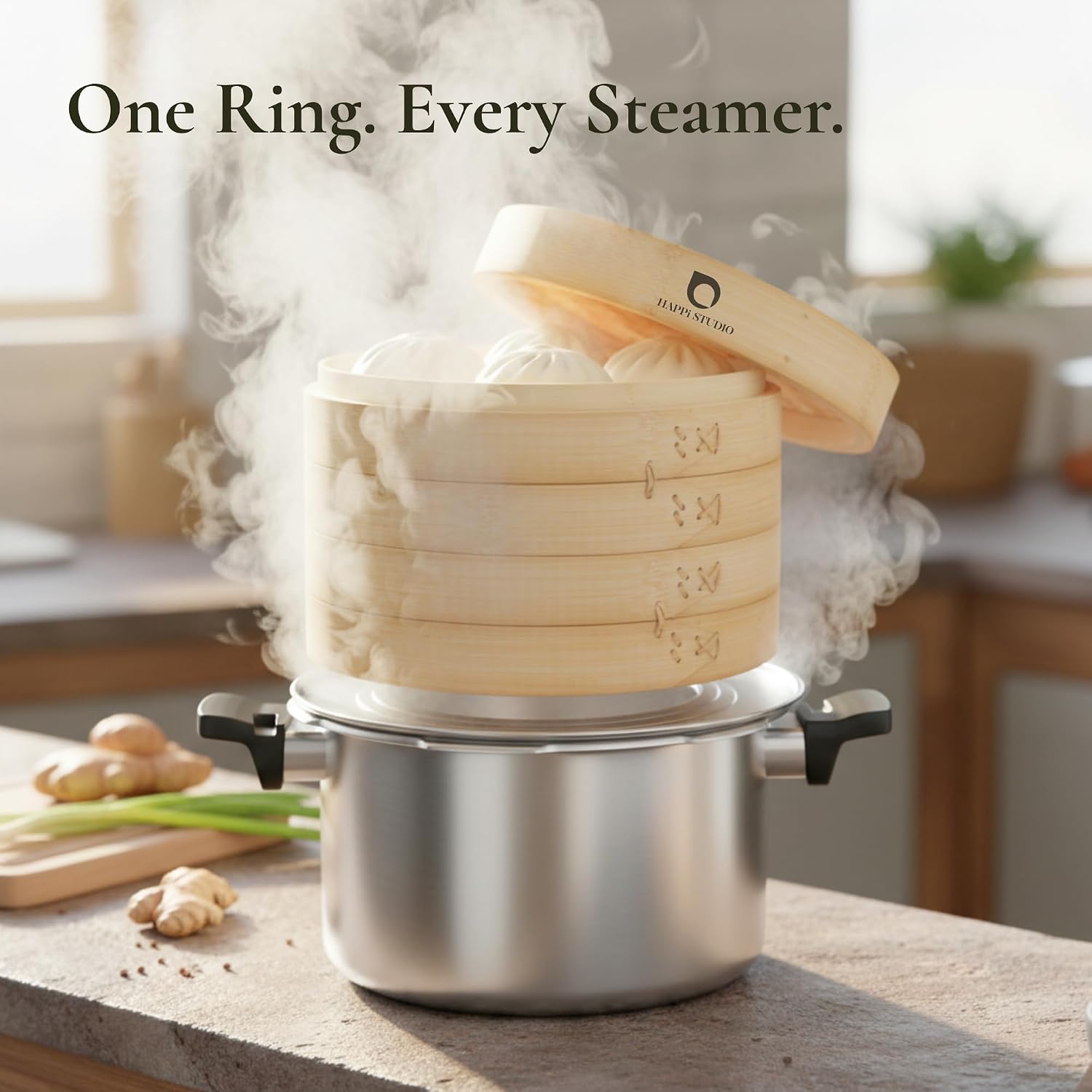 HAPPI STUDIO Bamboo Steamer Basket 10 Inch, Extra Deep Dumpling Steamer Set