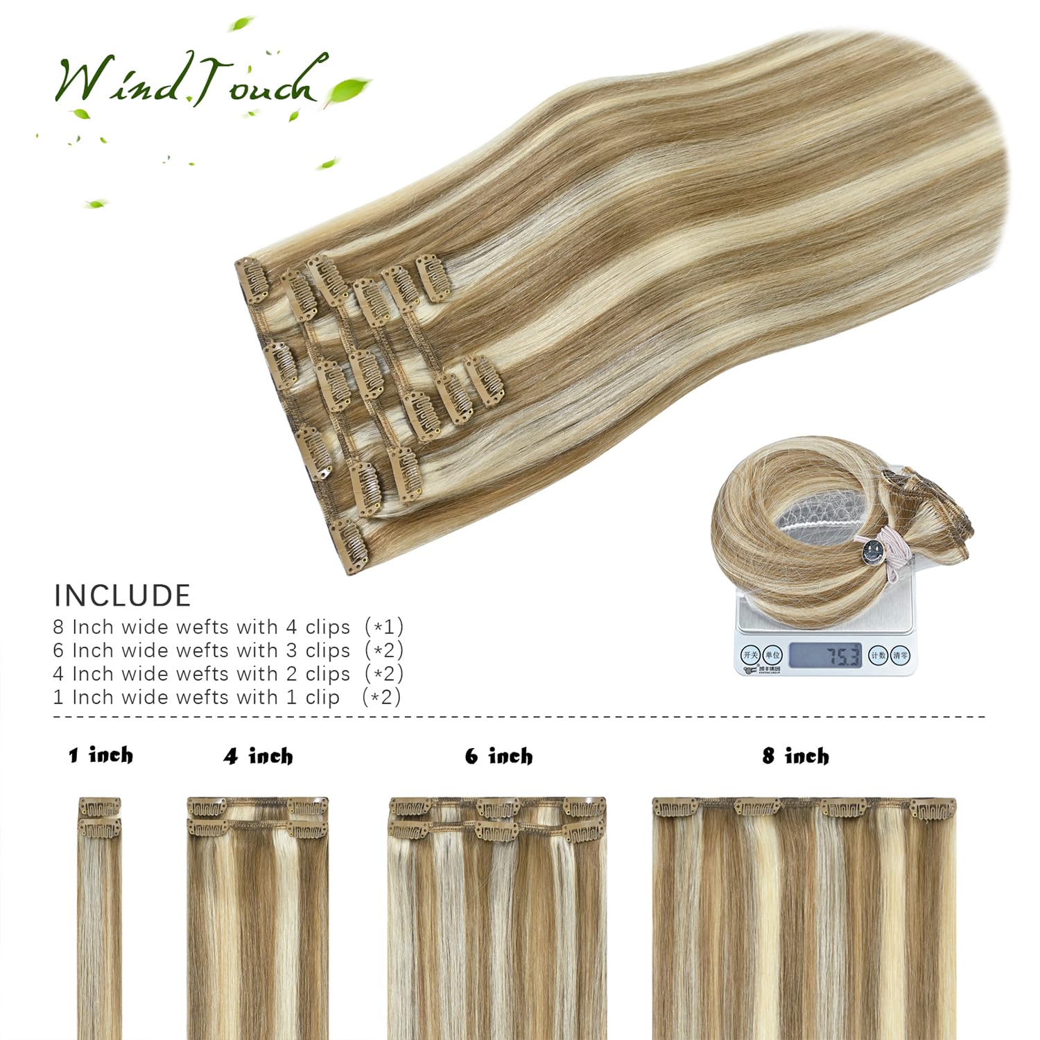 WindTouch Clip In Hair Extensions Human Hair Mixed Bleach Blonde 18Inch 75g Hair Extensions for Women Remy Blonde Extensions Clip in #18p613 7PCS