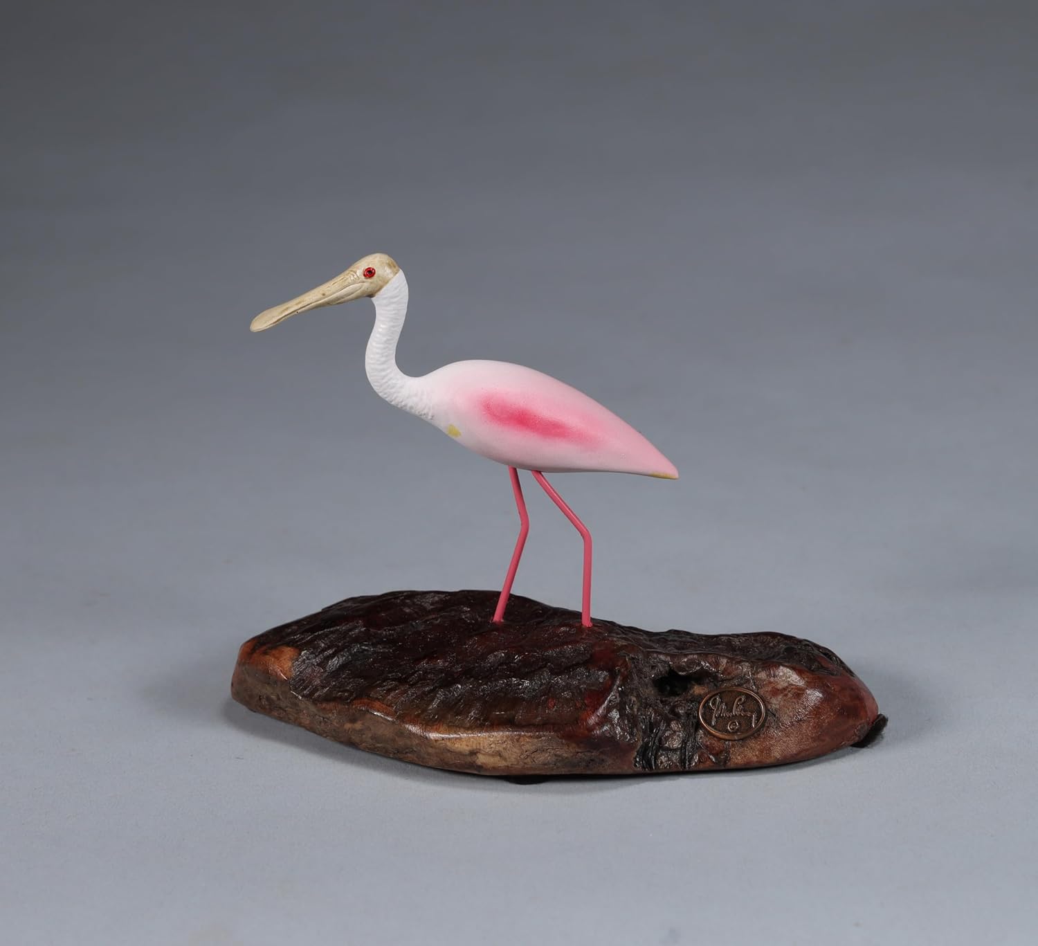 Spoonbill by John Perry 8in Long Sculpture on Polished burlwood Base. Signed.