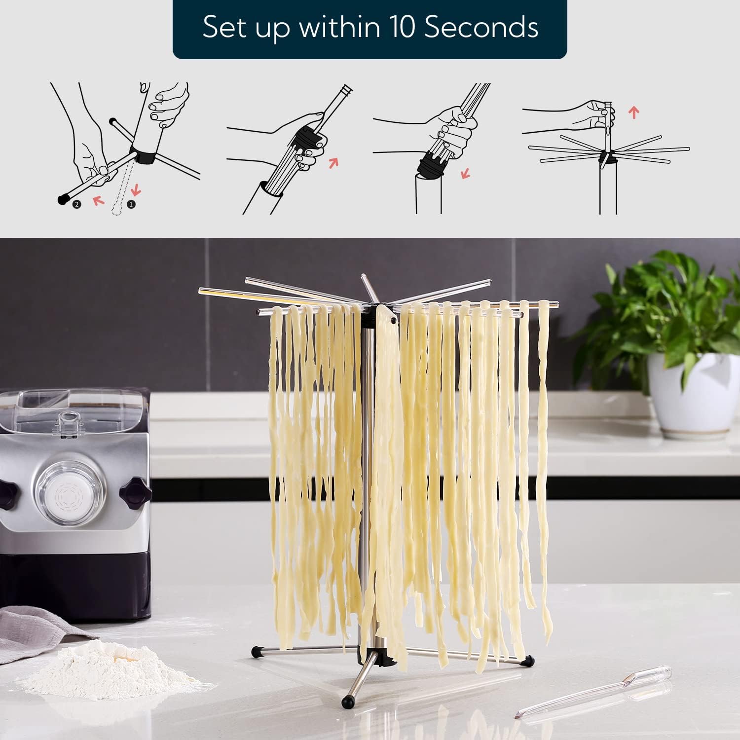 KITCHENDAO Collapsible Pasta Drying Rack, Foldable for Easy Storage, Rotary Arms, Detachable for Easy Cleaning