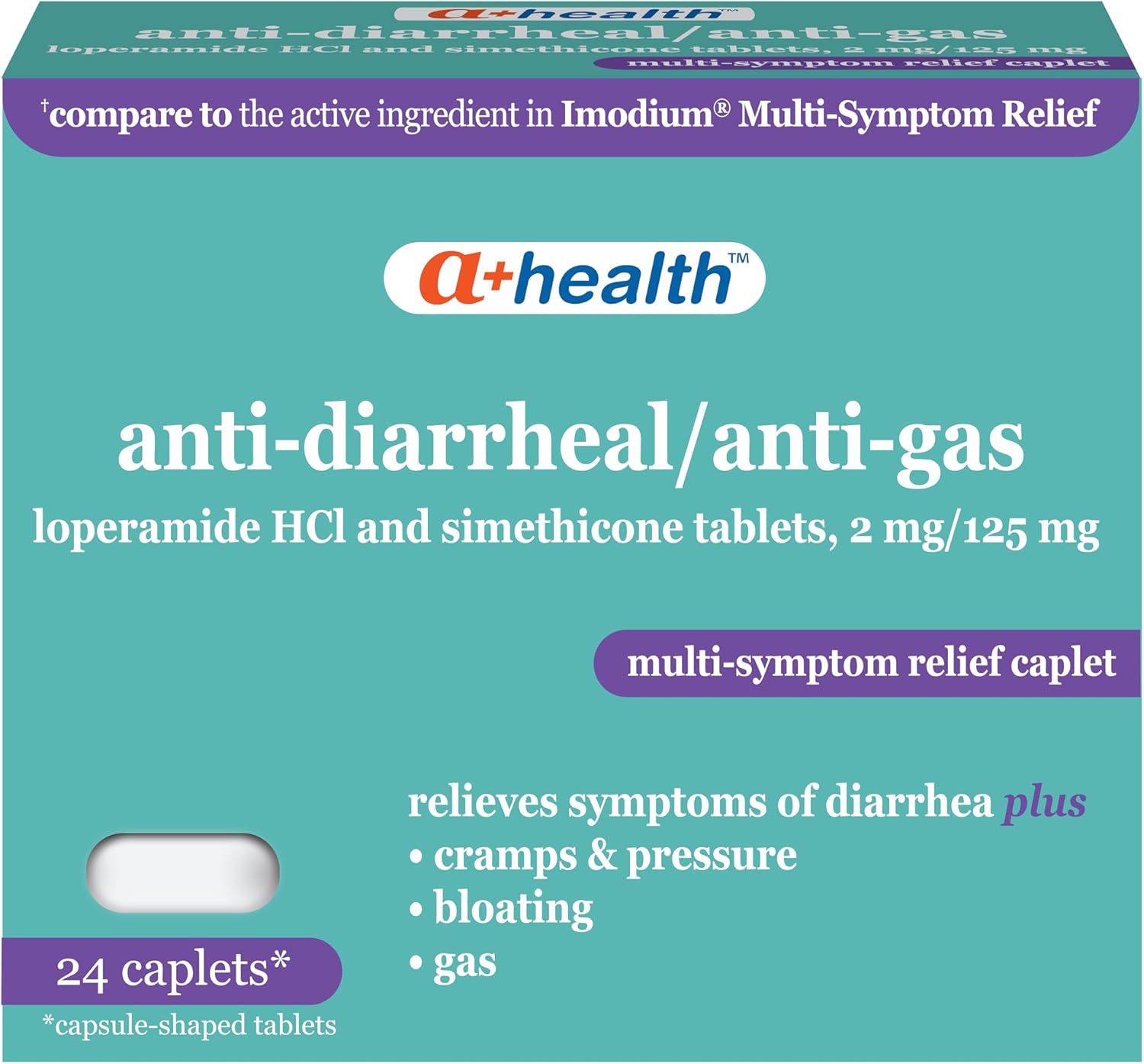 A+Health Anti-Diarrheal Anti-Gas Loperamide Simethicone Caplets 24 Count