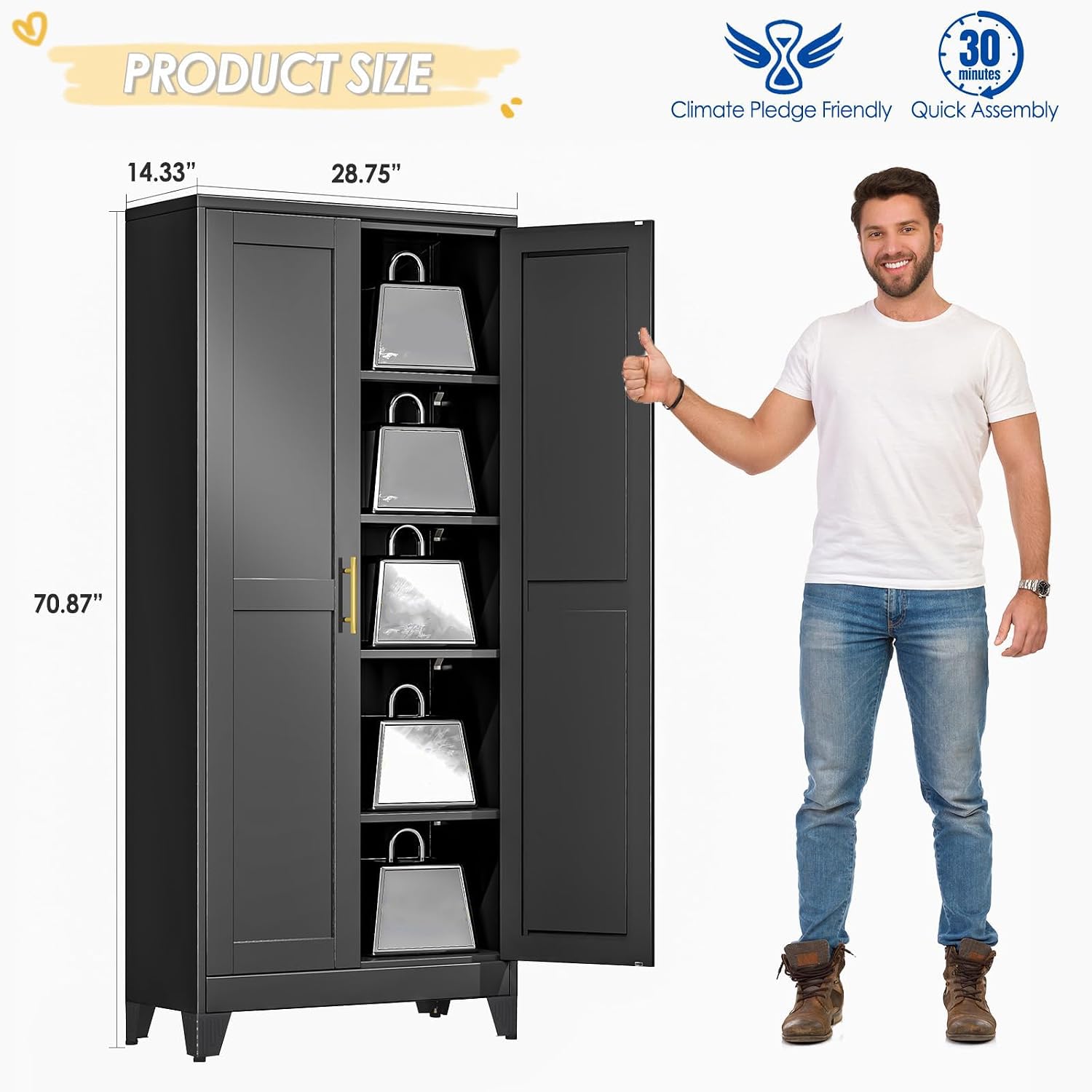 GAIOUS 75.2" Tall Metal Kitchen Pantry Storage Cabinets with 2 Door and 5 Adjustable Shelves, Cupboard for Kitchen, Dining Room, Living Room and Bathroom, White