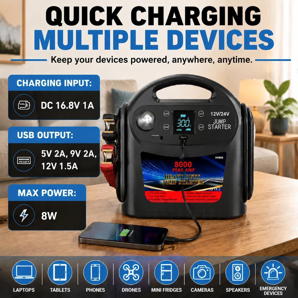 8000A Car Battery Jump Starter, Heavy Duty Jump Box for Gas & Diesel Vehicles, 12V/24V Portable Power Pack with LED Light for Trucks, SUVs