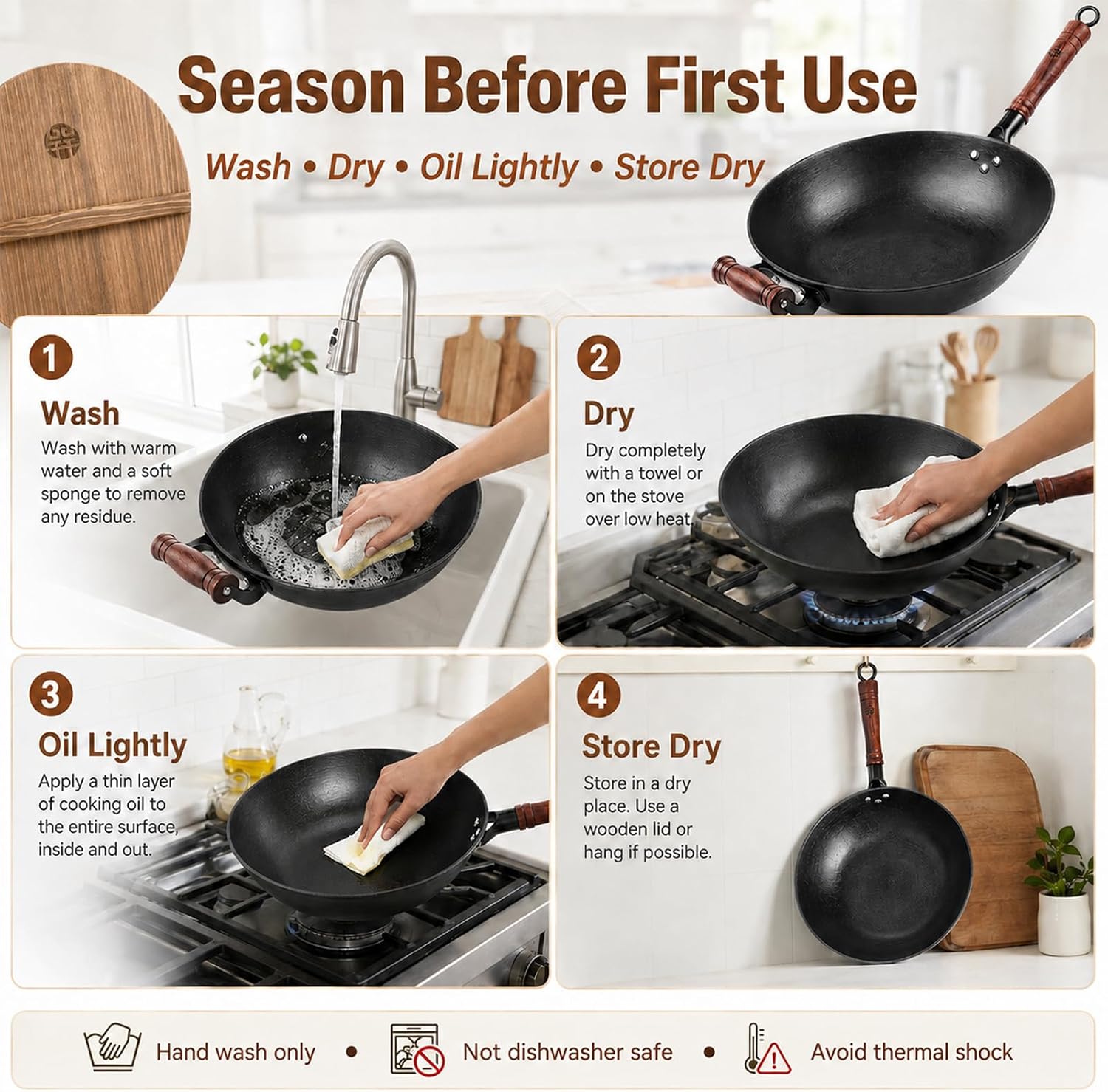 WANGYUANJI 12.6 Inch Cast Iron Wok with Wooden Lid, Handcrafted Flat Bottom Chinese Stir Fry Pan, Uncoated Heavy-Duty Iron Wok for Induction, Gas