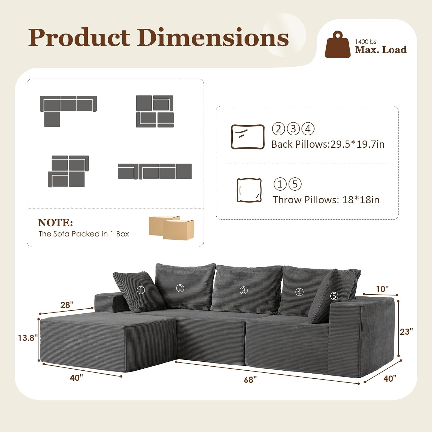 INGEROOM 108" Cloud Sectional Couch with L-Shape Chaise, Modular Sofa Memory Foam, Boneless Sofa with Movable Ottoman
