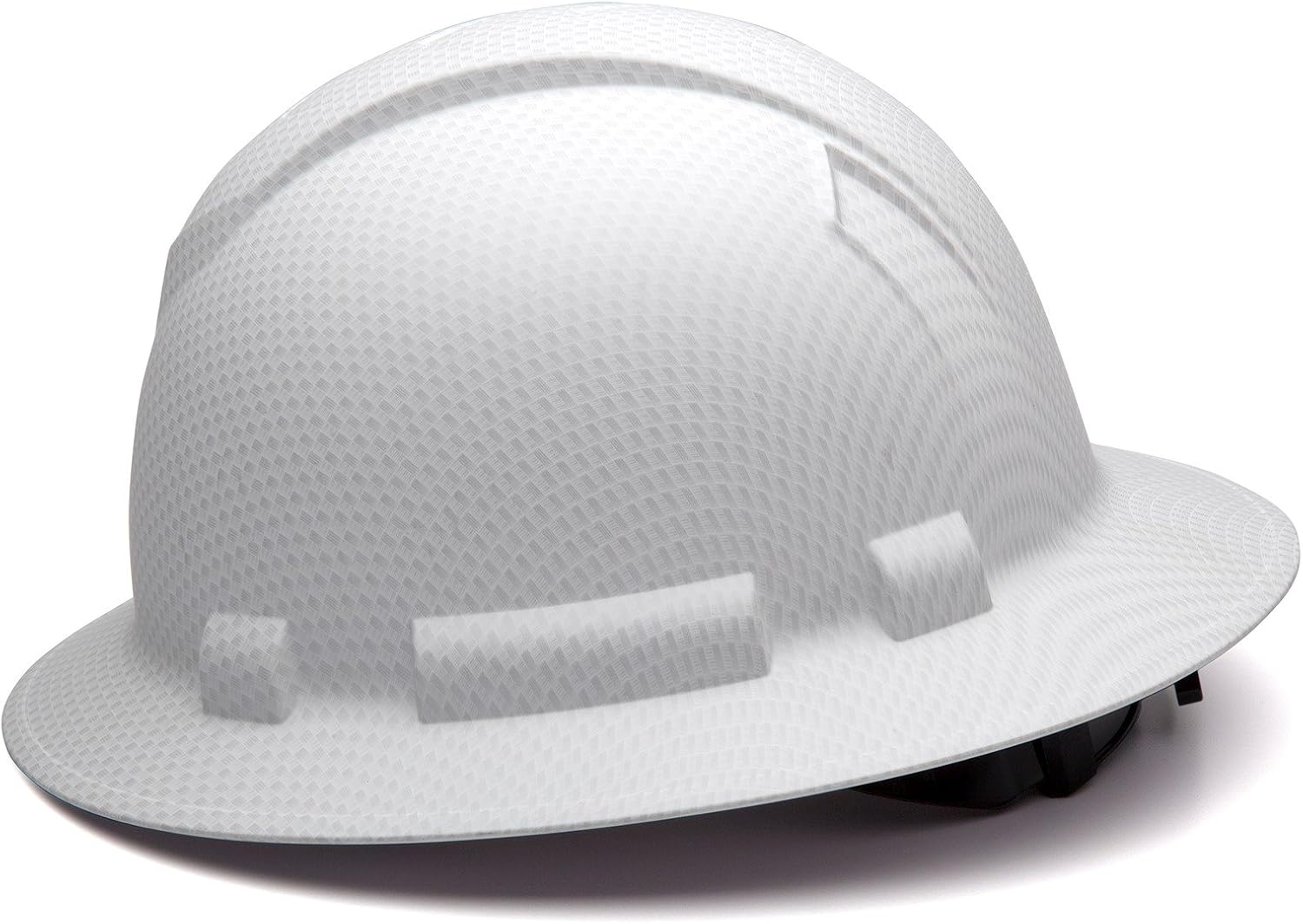 Pyramex Ridgeline Full Brim Hard Hat 4 Point Ratchet White | Full-brim sun & rain protection, HDPE shell, Ratchet suspension, Construction & utility, ANSI Z89.1 Type I Class C/G/E