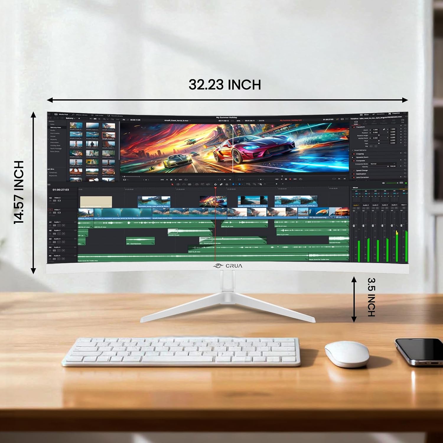 CRUA 34 Inch 21:9 UWQHD 100Hz IPS Ultrawide Curved Monitor, Speakers, White | 120% sRGB, 92% DCI-P3, 1.07B Colors, FreeSync, Blue Light, 3800R, HDMI 2.0, DP 1.4, 100x100 Mount, Office, Editing, Design PC