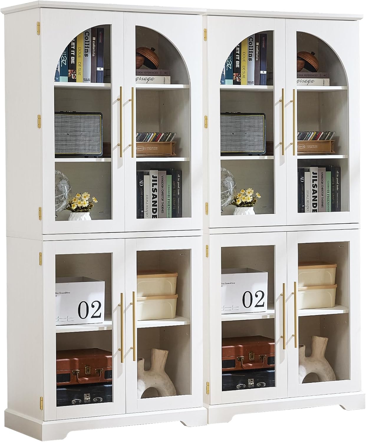 Joaxswe 72" Tall Bookshelf with 4 Curved Glass Doors, Farmhouse Bookcase with 3-Tier Adjustable Shelves, Modern Living Room Display Cabinet, Large Storage Cabinet for Home Office,Dining Room, Natural