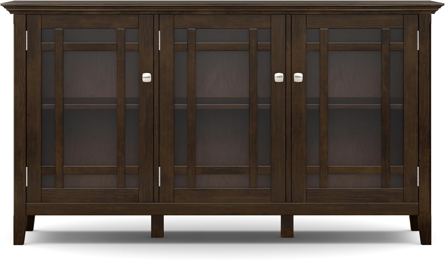 SIMPLIHOME Bedford 62" Wide Solid Wood Sideboard in Brunette Brown | Transitional low media console with glass doors and storage shelves for the living room, entryway or dining room.