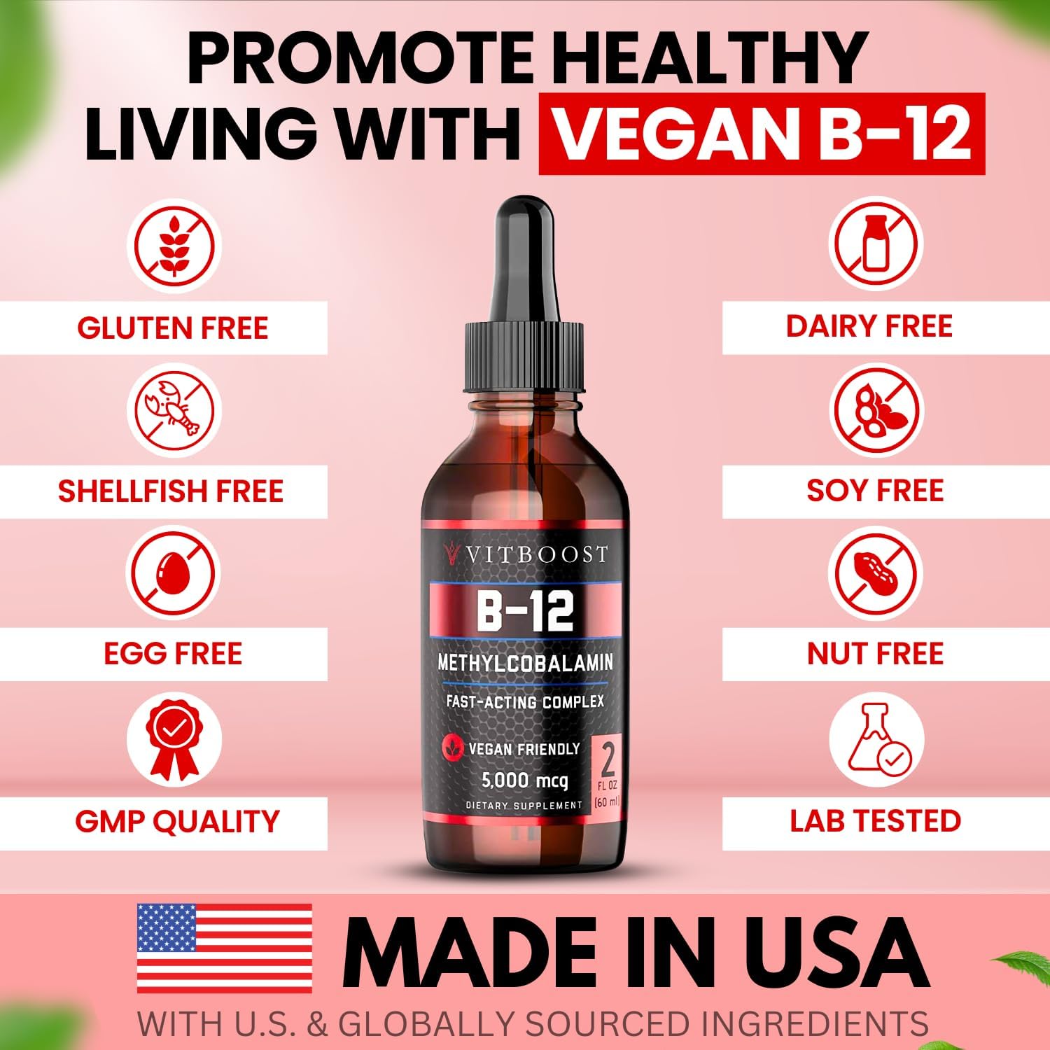 VITBOOST Vitamin B12 Liquid Drops - 60 x 5000 mcg Vegan B12 Sublingual | Extra Strength Raspberry Flavored Methylcobalamin B-12 Supplement Designed
