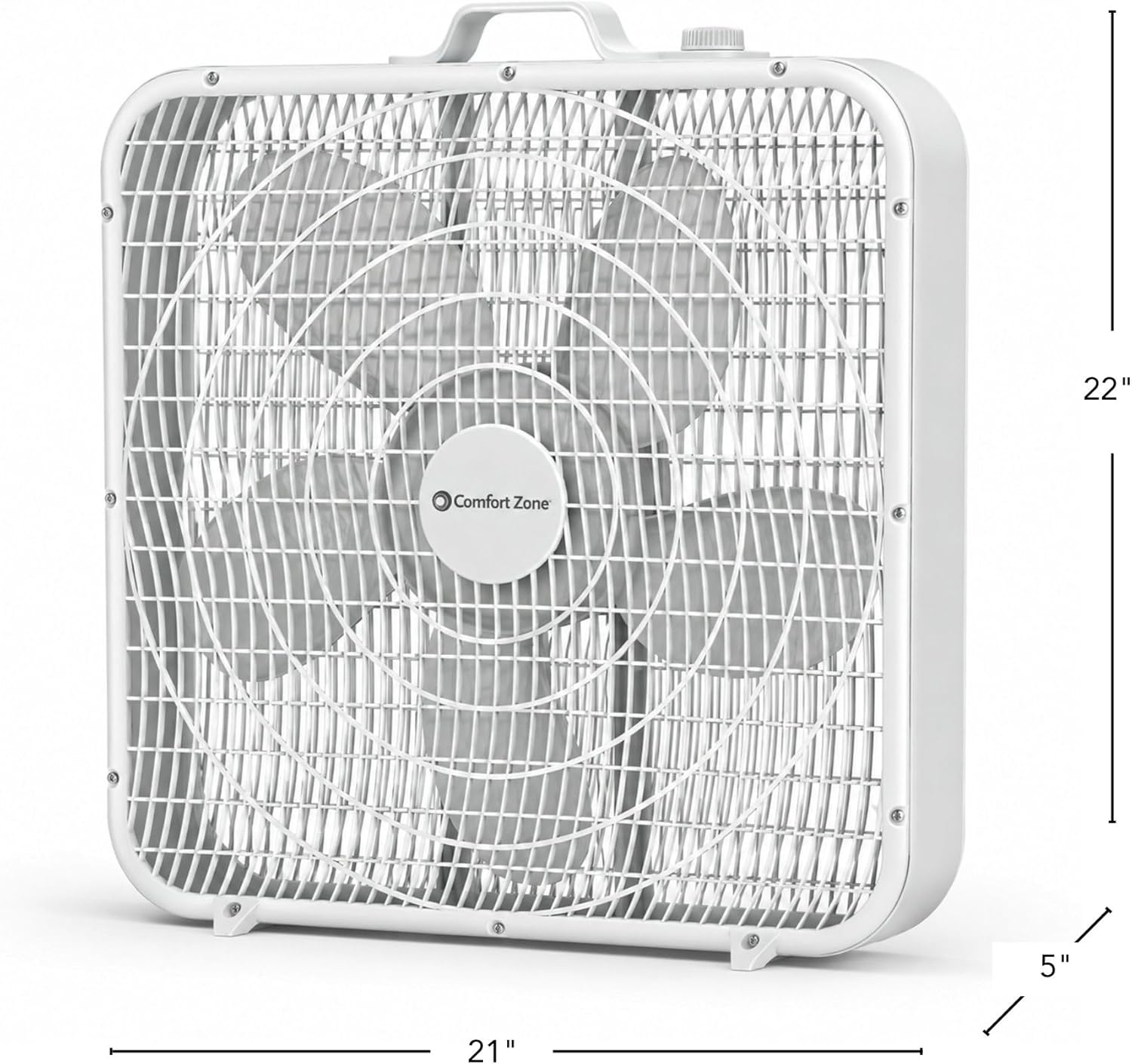 Comfort Zone Box Fan with Carry Handle, 20 inch, 3 Speed Full-Force Air Circulation Window Fan, Bedroom Floor Fan with 5 Blades, White Noise Cooling Fan, White