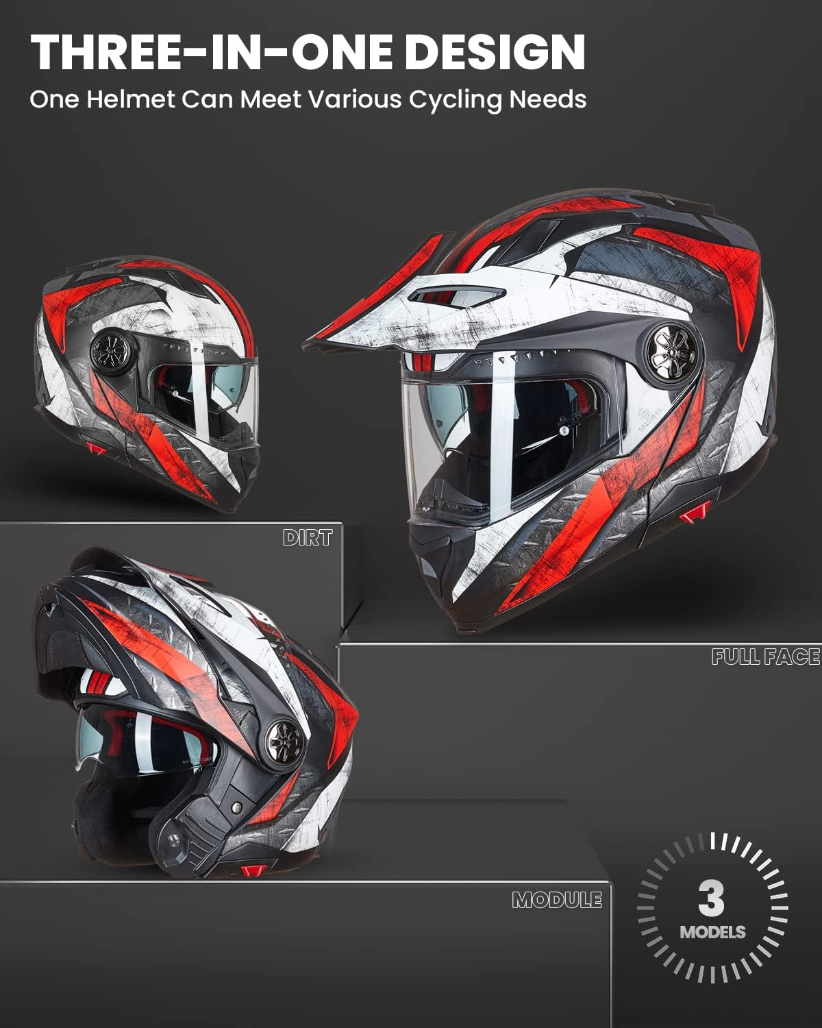 ILM Motorcycle Full Face Modular ATV Helmet Three in One Snowmobile Casco with Pinlock Anti Fog Visor for Men Women DOT Model 909F