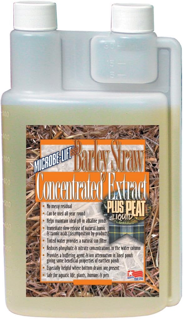 Microbe-Lift Concentrated Barley Straw Extract Plus Liquid Peat Conditioner for Ponds and Outdoor Water Garden, Safe for Live Koi Fish, Plants, and Decorations, 8 Ounces